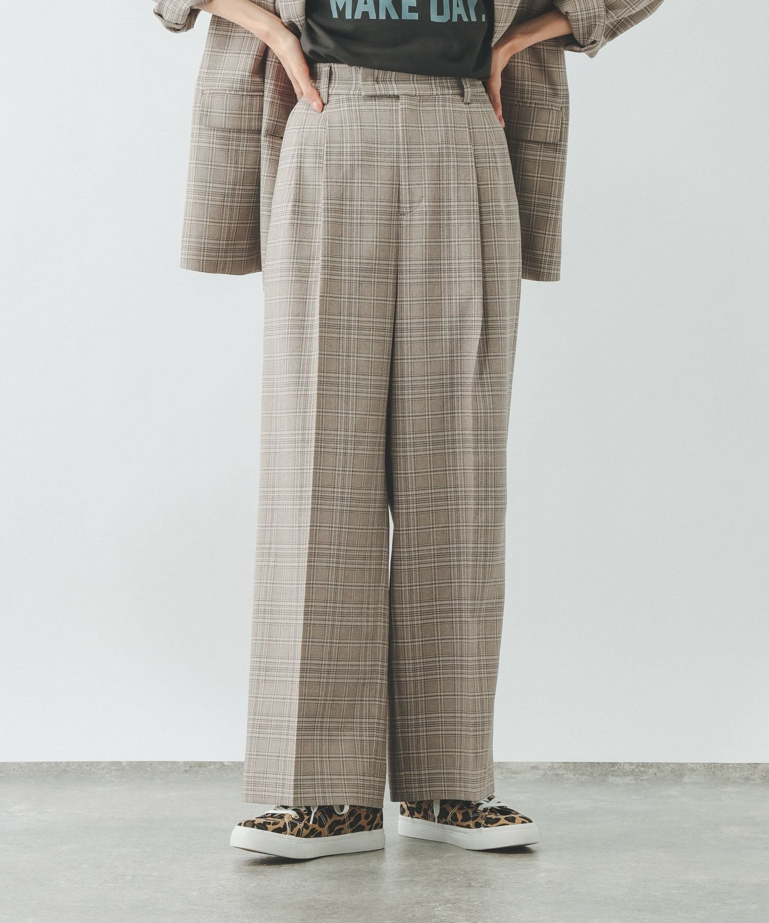 【グローバルワーク/GLOBAL WORK】のお手入れラクラクセットアップ/ワイドパンツ/600997 インテリア・キッズ・メンズ・レディースファッション・服の通販 founy(ファウニー) 　ファッション　Fashion　レディースファッション　Fashion for Women　セットアップ　Matching Sets　レディースパンツ・ボトムス　Pants & Trousers / Bottoms　アクセサリー　Fashion Accessories　インナー　Innerwear　シンプル　Simple, Minimal　ジャケット　Jacket, Outerwear　ストレッチ　Stretch, Stretchy Fabric　ストレート　Straight, Straight Cut　セットアップ　Set-Up, Coordinated Outfit　センター　Center, Center Line　ダブル　Double, Double-Breasted　楽ちん　Easy Fit, Comfortable　ワイド　Wide, Wide Fit　おすすめ　Recommended / Our Picks　ビジネス 仕事 通勤　Business / Work / Commuting　グレージュチェック柄50|ID: prp329100004981655 ipo3291000000037323491