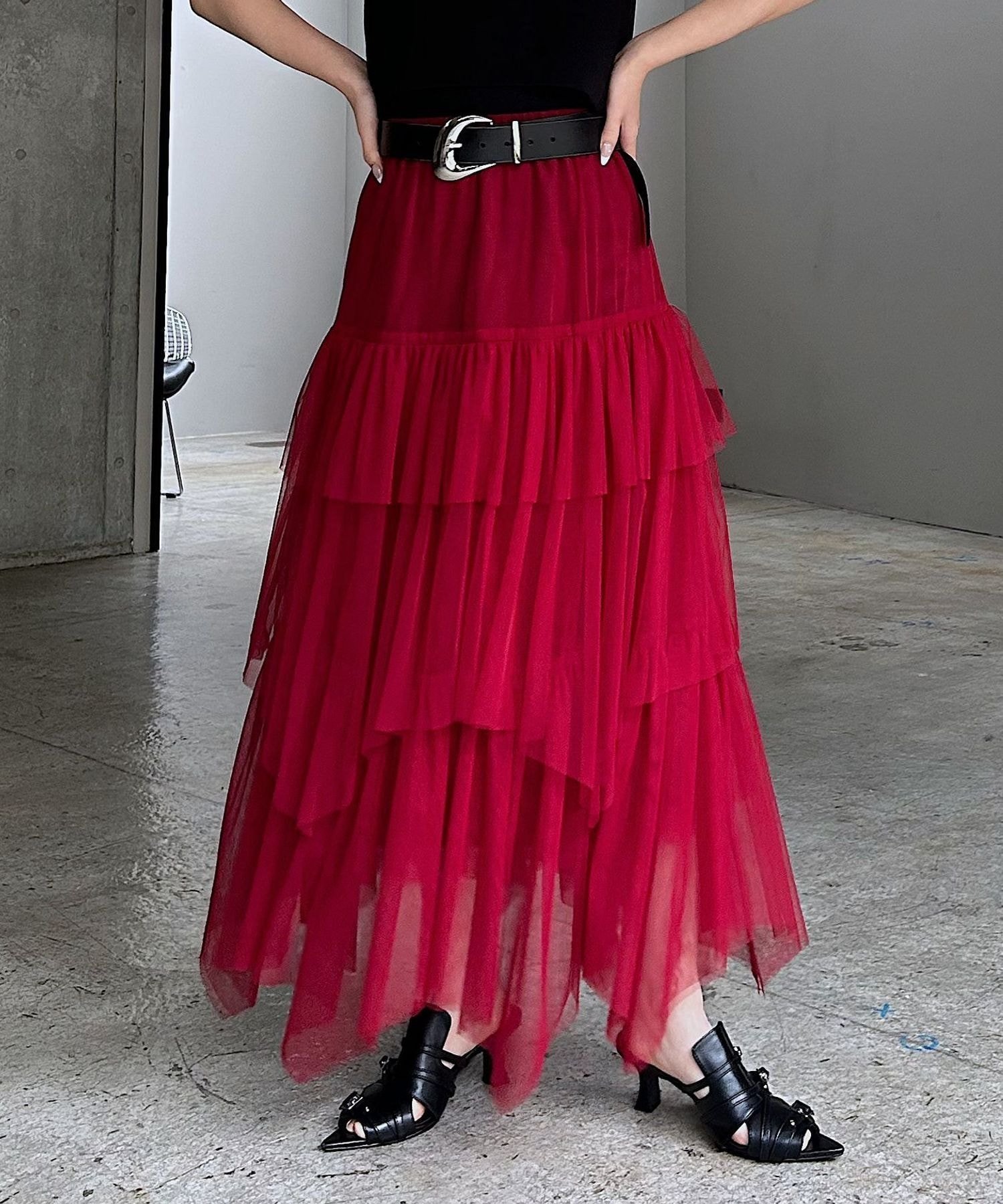 【ページボーイ/PAGEBOY】のチュールフリルスカート インテリア・キッズ・メンズ・レディースファッション・服の通販 founy(ファウニー) 　ファッション　Fashion　レディースファッション　Fashion for Women　スカート　Skirts　カッティング　Cutting Detail　コンパクト　Compact, Small Size　チュール　Tulip, Tulip Motif　デニム　Denim, Jeans Material　フリル　Frill, Ruffle　ルーズ　Loose, Oversized　チェリーレッド35|ID: prp329100004981689 ipo3291000000037323686