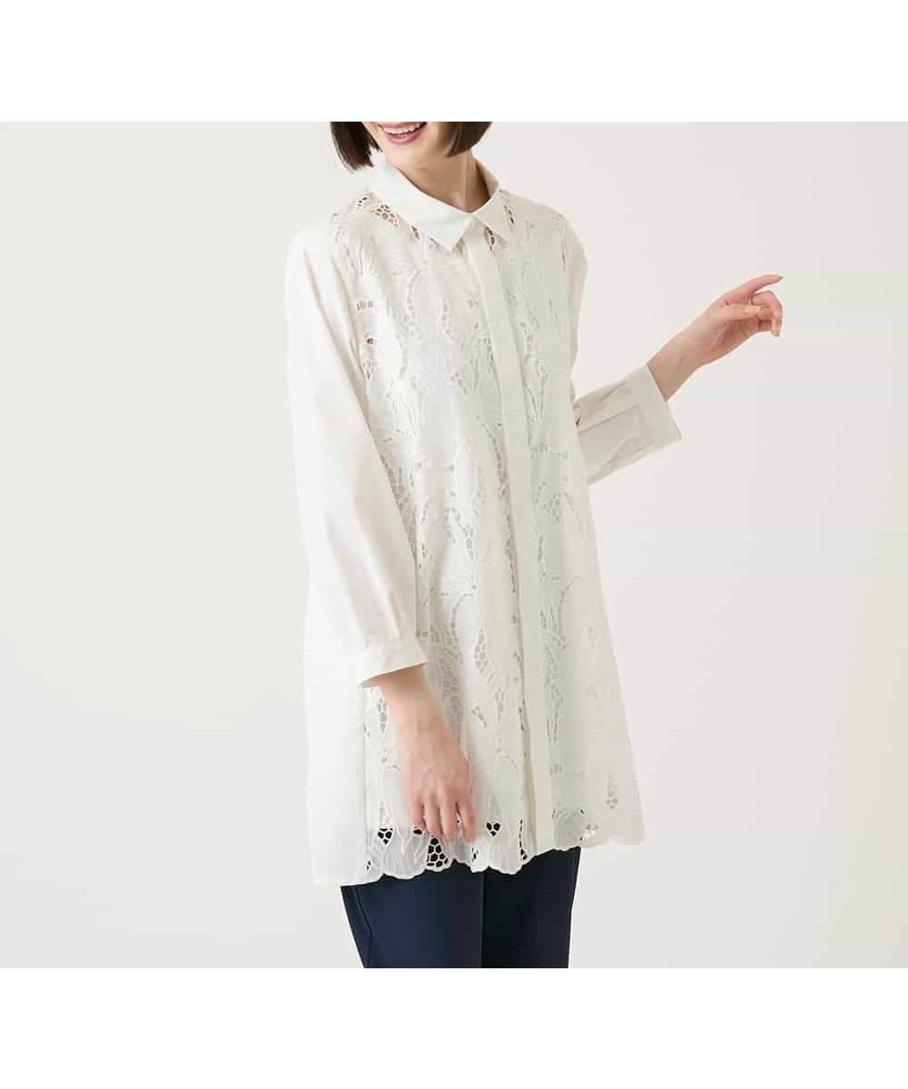 【ヒロコビス/HIROKO BIS】のフラワー刺繍コットンロングシャツ インテリア・キッズ・メンズ・レディースファッション・服の通販 founy(ファウニー) 　ファッション　Fashion　レディースファッション　Fashion for Women　トップス・カットソー　Cut & Sew Tops　シャツ・ブラウス・オフィスカジュアル　Elegant Blouses & Button-Ups　おすすめ　Recommended / Our Picks　コンパクト　Compact, Small Size　フォルム　Silhouette, Form　フラワー　Flower, Floral　ボトム　Bottoms, Lower Wear　レース　Lace, Lace Fabric　冬　Winter / This Winter　夏　Summer　春　Spring　秋　Autumn　ホワイト|ID: prp329100004981745 ipo3291000000037323939