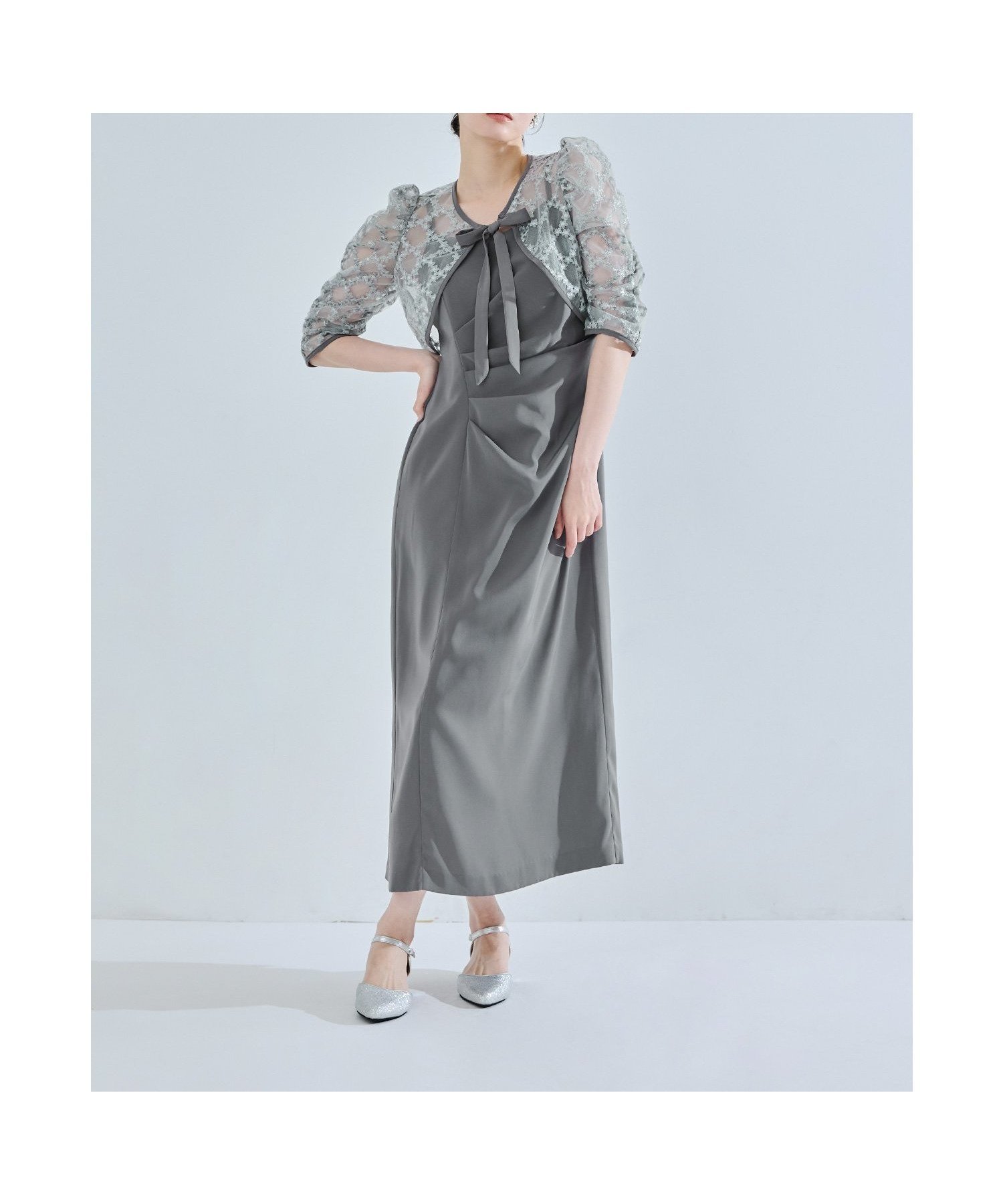 【ビーフラット/bflat】のレースボレロドレープドレス 2点セット キャミワンピース 結婚式 成人式 二次会 インテリア・キッズ・メンズ・レディースファッション・服の通販 founy(ファウニー) 　ファッション　Fashion　レディースファッション　Fashion for Women　アウター　Coat / Outerwear Collection　ボレロ・ショート丈ジャケット / ドレス羽織りに　Boleros & Short Jackets　ワンピース　Dresses　フォーマル・パーティードレス・結婚式用ドレス　Elegant & Casual Dresses　キャミソールワンピース　Camisole Dresses　おすすめ　Recommended / Our Picks　キャミワンピース　Cami Dress, Slip Dress　ショルダー　Shoulder, Shoulder Strap　ショート　Short, Short Length　ドレープ　Drape, Draping Fabric　フロント　Front, Front Design　ボレロ　Bolero, Short Cardigan　リボン　Ribbon, Bow　二次会　After Party　披露宴　Wedding Reception　結婚式　Wedding　グレー|ID: prp329100004981756 ipo3291000000037323977
