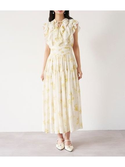 【リリーブラウン/Lily Brown】のフラワープリントプリーツワンピース インテリア・キッズ・メンズ・レディースファッション・服の通販 founy(ファウニー) 　ファッション　Fashion　レディースファッション　Fashion for Women　ワンピース　Dresses　インナー　Innerwear　春　Spring　シフォン　Chiffon, Lightweight Fabric　シャーリング　Shirring, Ruched　スタンド　Stand Collar, Upright Stand　スマート　Smart, Elegant　フェミニン　Feminine, Girly　ラッフル　Ruffle, Frill　エレガント 上品　Elegant　YEL[032]|ID: prp329100004981774 ipo3291000000037324040