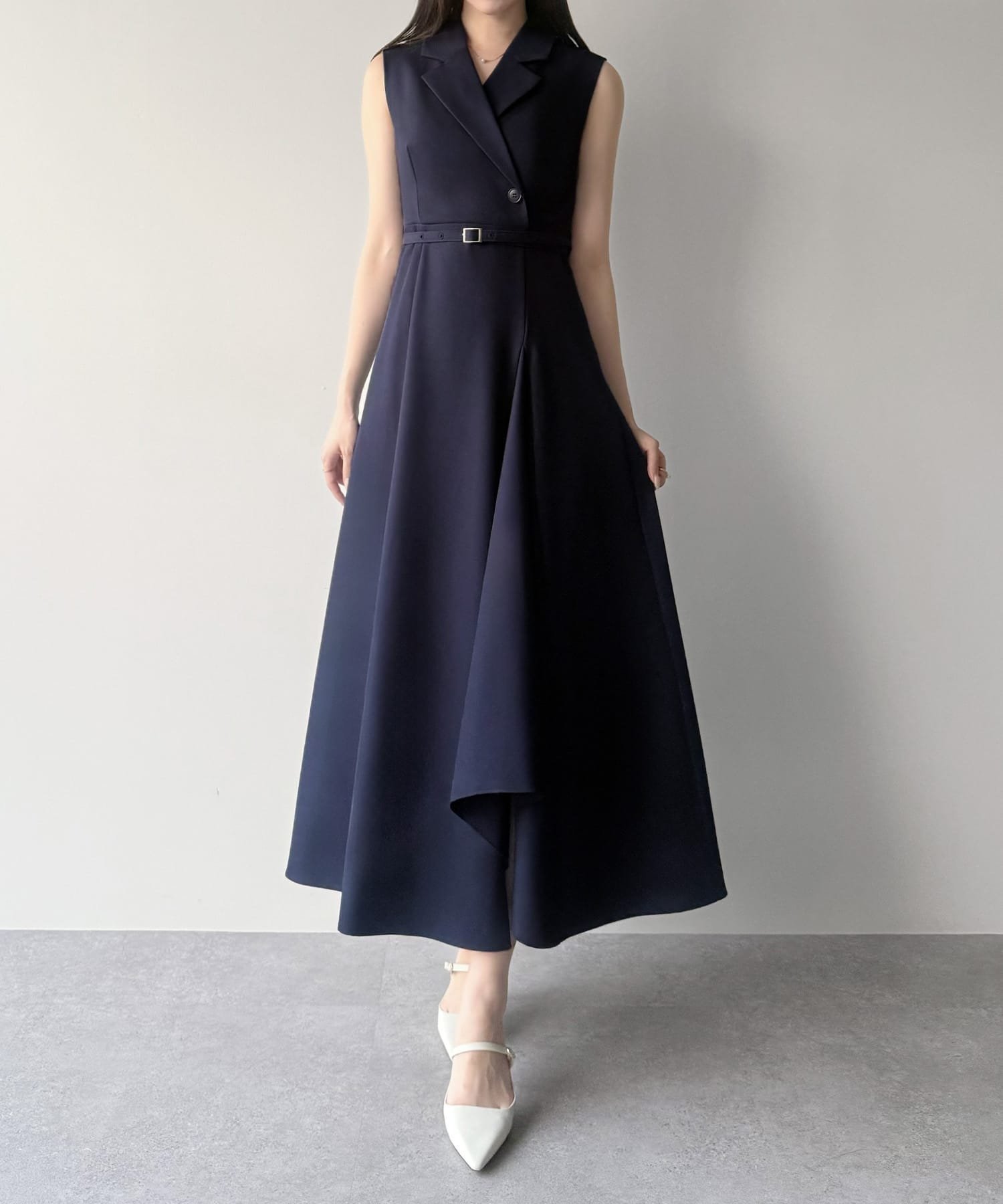 【ジュノア/JUNOAH】のmipiarl テーラーカラーラッフルワンピース インテリア・キッズ・メンズ・レディースファッション・服の通販 founy(ファウニー) 　ファッション　Fashion　レディースファッション　Fashion for Women　ワンピース　Dresses　ネイビー|ID: prp329100004981815 ipo3291000000037324179