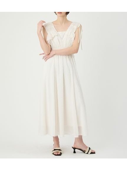 【リリーブラウン/Lily Brown】のフリンジジャガードシャーリングワンピース インテリア・キッズ・メンズ・レディースファッション・服の通販 founy(ファウニー) 　ファッション　Fashion　レディースファッション　Fashion for Women　ワンピース　Dresses　カットソー　Cut and Sewn Top　サテン　Satin, Glossy Fabric　シャーリング　Shirring, Ruched　スマート　Smart, Elegant　バランス　Balance, Style Balance　フィット　Fit, Slim Fit　フォーマル　Formal, Dressy　フリル　Frill, Ruffle　フリンジ　Fringe, Tassel　おすすめ　Recommended / Our Picks　エレガント 上品　Elegant　WHT[001]|ID: prp329100004981817 ipo3291000000037324185