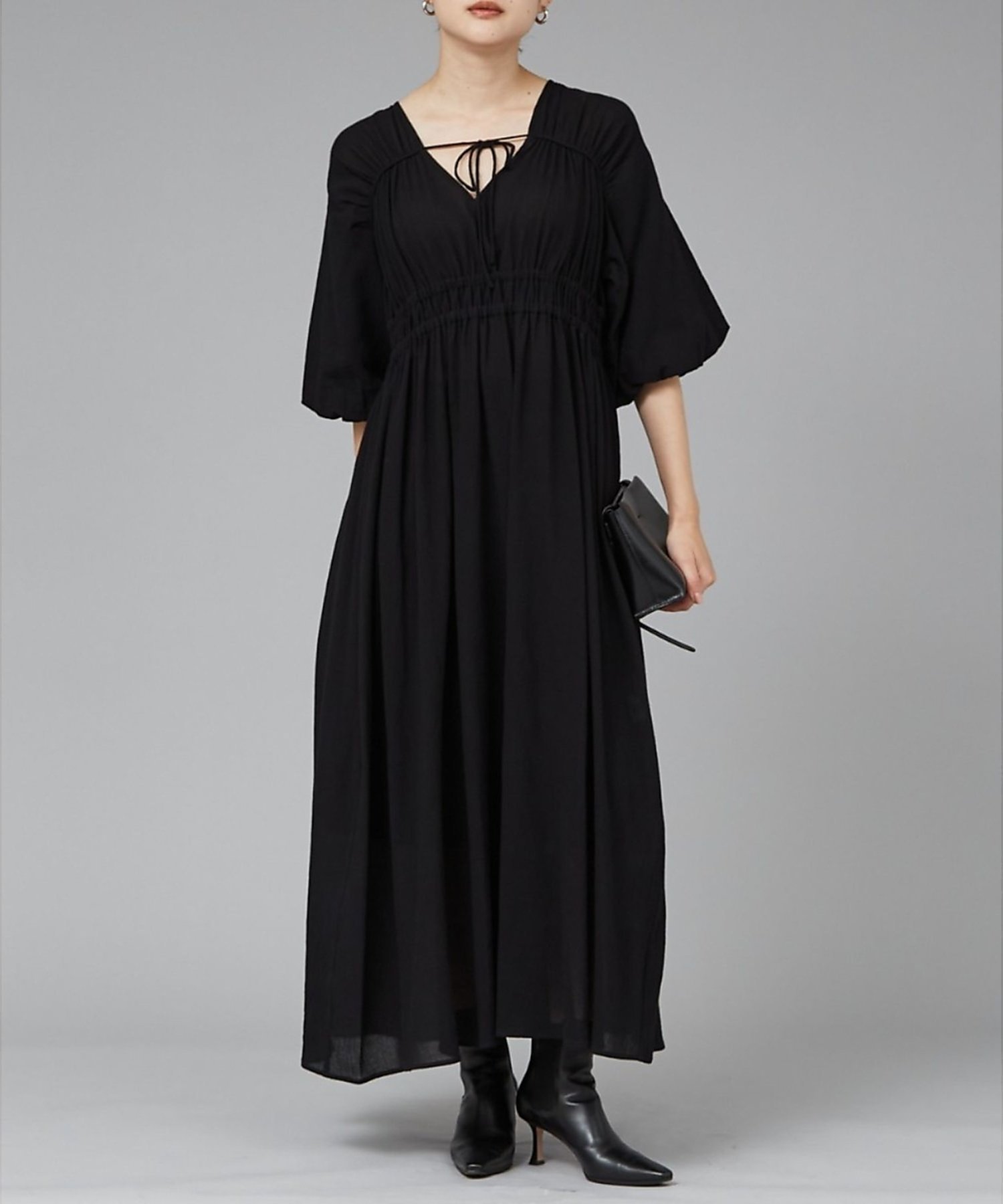 【カリテ/qualite】のウェストギャザーワンピース インテリア・キッズ・メンズ・レディースファッション・服の通販 founy(ファウニー) 　ファッション　Fashion　レディースファッション　Fashion for Women　ワンピース　Dresses　ギャザー　Gathered, Ruffled　スタイリッシュ　Stylish, Fashionable　エレガント 上品　Elegant　人気　Popular, Best Seller　夏　Summer　ブラック|ID: prp329100004981835 ipo3291000000037324251