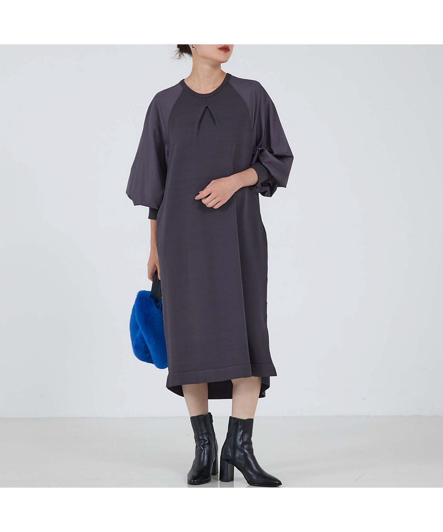 【カリテ/qualite】のフォルムスリーブコンビニットワンピース インテリア・キッズ・メンズ・レディースファッション・服の通販 founy(ファウニー) 　ファッション　Fashion　レディースファッション　Fashion for Women　ワンピース　Dresses　ニットワンピース　Knit Dresses　シンプル　Simple, Minimal　スニーカー　Sneakers, Trainers　ポケット　Pocket, Pocket Detail　ミックス　Mix, Mixed Style　今季　This Season, Current Season　チャコールグレー|ID: prp329100004981840 ipo3291000000037324269