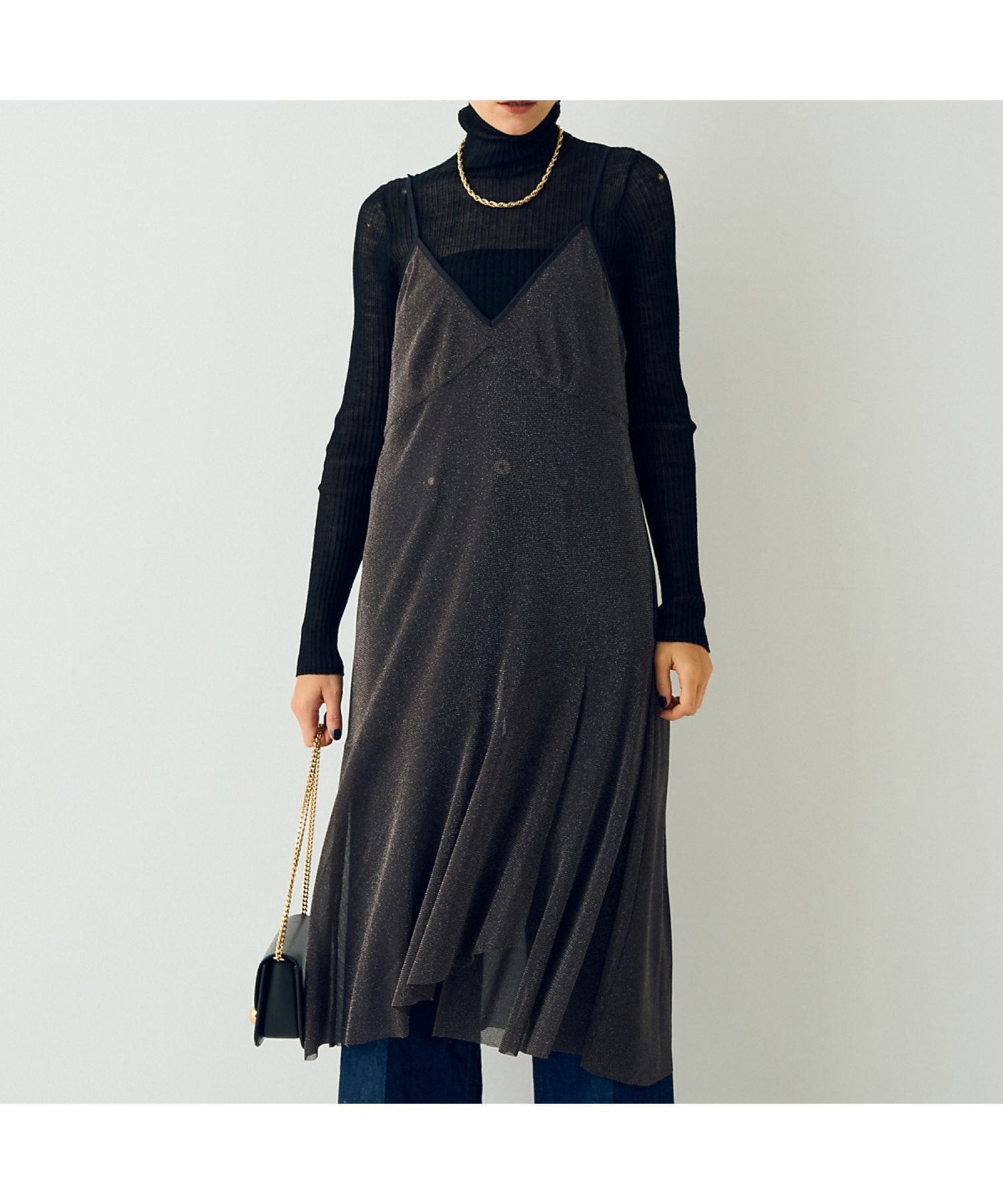 【ルージュヴィフラクレ/Rouge vif la cle】のシアーラメチュールキャミワンピース インテリア・キッズ・メンズ・レディースファッション・服の通販 founy(ファウニー) 　ファッション　Fashion　レディースファッション　Fashion for Women　ワンピース　Dresses　キャミソールワンピース　Camisole Dresses　アクセサリー　Fashion Accessories　エアリー　Airy Texture　カーディガン　Cardigan, Knitwear　キャミソール　Camisole, Spaghetti Strap Top　シアー　Sheer, See-Through　ジャケット　Jacket, Outerwear　タートルネック　Turtleneck, High Neck　チュール　Tulip, Tulip Motif　フェミニン　Feminine, Girly　A/W・秋冬　Autumn/Winter　ブラウン|ID: prp329100004981841 ipo3291000000037324273