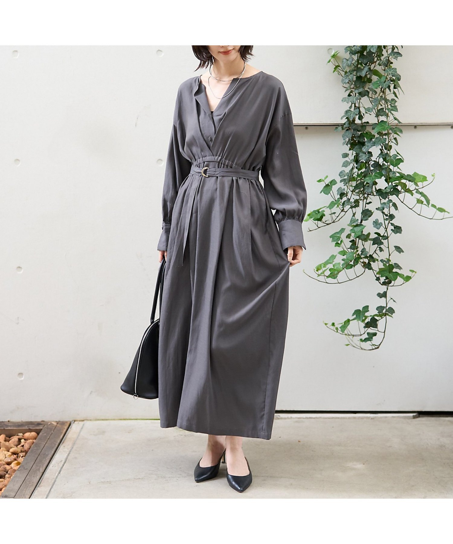 【ルージュヴィフラクレ/Rouge vif la cle】のヴィンテージキュプラウエストマークワンピース インテリア・キッズ・メンズ・レディースファッション・服の通販 founy(ファウニー) 　ファッション　Fashion　レディースファッション　Fashion for Women　ワンピース　Dresses　とろみ　Fluid, Flowy Fabric　シンプル　Simple, Minimal　ロング　Long, Long-Length　チャコールグレー|ID: prp329100004981859 ipo3291000000037324327