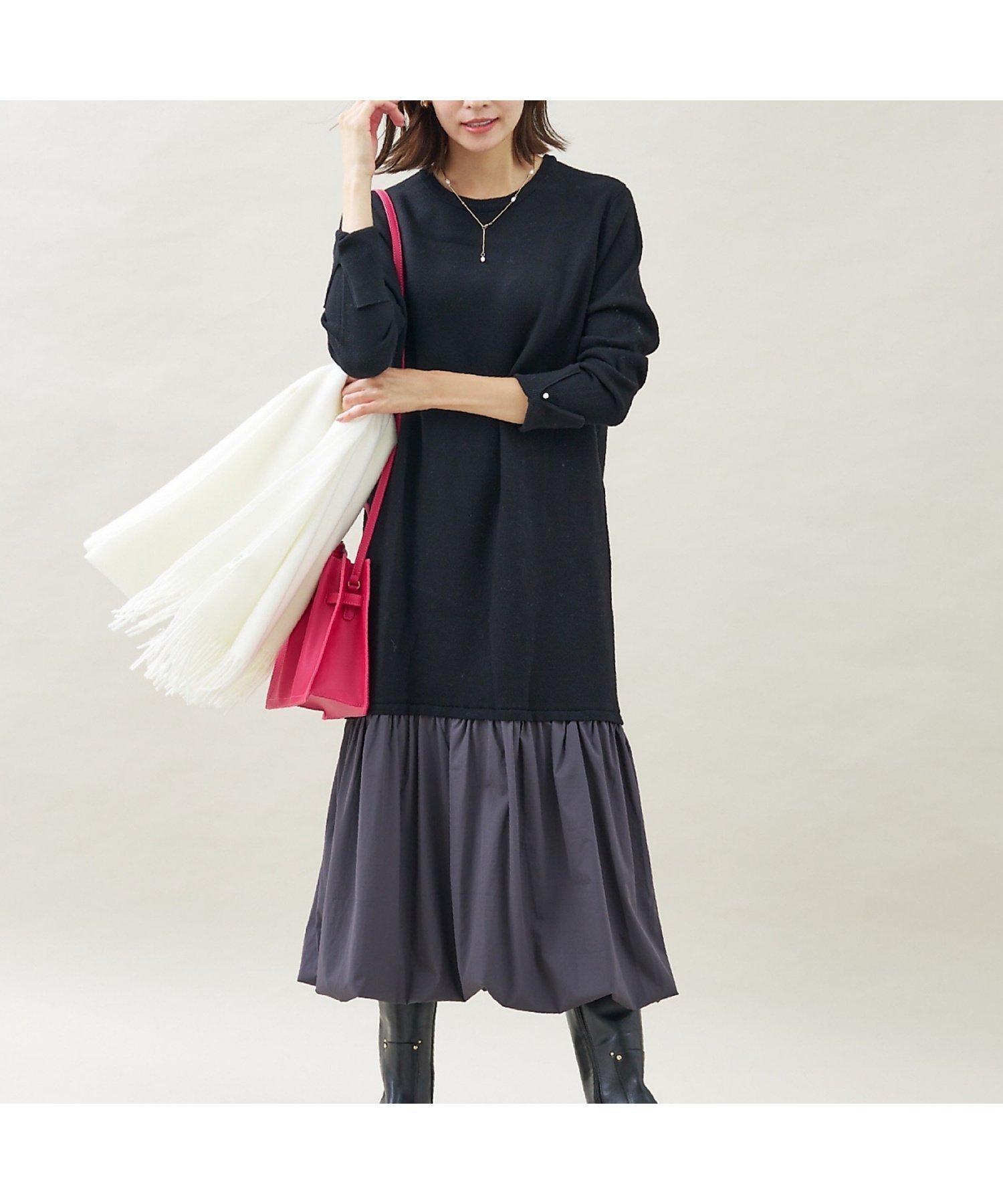 【アバハウスマヴィ/abahouse mavie】の【大人のいちまんワンピ】ニットコンビバルーンワンピ インテリア・キッズ・メンズ・レディースファッション・服の通販 founy(ファウニー) 　ファッション　Fashion　レディースファッション　Fashion for Women　ワンピース　Dresses　シンプル　Simple, Minimal　ストレート　Straight, Straight Cut　スリット　Slit, Slit Detail　ドッキング　Docking, Mixed Material　ネックレス　Necklace, Pendant Necklace　バランス　Balance, Style Balance　バルーン　Balloon, Balloon Silhouette　ロング　Long, Long-Length　ブラック|ID: prp329100004981896 ipo3291000000037324447