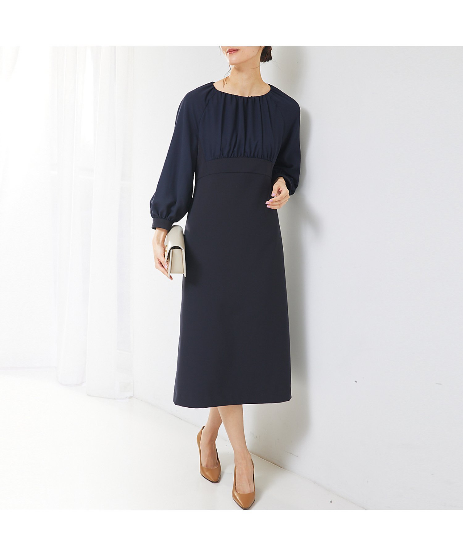 【カリテ/qualite】の【セットアップ対応】ドッキングワンピース インテリア・キッズ・メンズ・レディースファッション・服の通販 founy(ファウニー) 　ファッション　Fashion　レディースファッション　Fashion for Women　ワンピース　Dresses　おすすめ　Recommended / Our Picks　ギャザー　Gathered, Ruffled　ジャケット　Jacket, Outerwear　セットアップ　Set-Up, Coordinated Outfit　ドッキング　Docking, Mixed Material　ダークネイビー|ID: prp329100004981899 ipo3291000000037324456