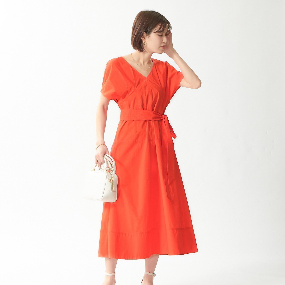 【ルージュヴィフラクレ/Rouge vif la cle】のタイプライタータックワンピース インテリア・キッズ・メンズ・レディースファッション・服の通販 founy(ファウニー) 　ファッション　Fashion　レディースファッション　Fashion for Women　ワンピース　Dresses　おすすめ　Recommended / Our Picks　サンダル　Sandals, Summer Shoes　スニーカー　Sneakers, Trainers　フォルム　Silhouette, Form　フレア　Flare, Flared　リボン　Ribbon, Bow　ビジネス 仕事 通勤　Business / Work / Commuting　オレンジ|ID: prp329100004981932 ipo3291000000037324586