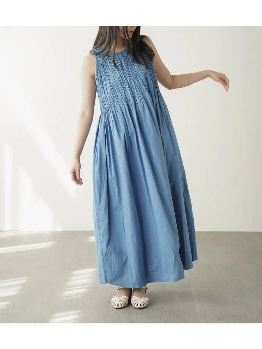【ラシュッド/LASUD】のShirred cotton onepiece インテリア・キッズ・メンズ・レディースファッション・服の通販 founy(ファウニー) 　ファッション　Fashion　レディースファッション　Fashion for Women　おすすめ　Recommended / Our Picks　カーディガン　Cardigan, Knitwear　シャーリング　Shirring, Ruched　シンプル　Simple, Minimal　ノースリーブ　Sleeveless, No-Sleeve　フィット　Fit, Slim Fit　リラックス　Relax, Relaxed Fit　ブルー|ID: prp329100004981945 ipo3291000000037324641