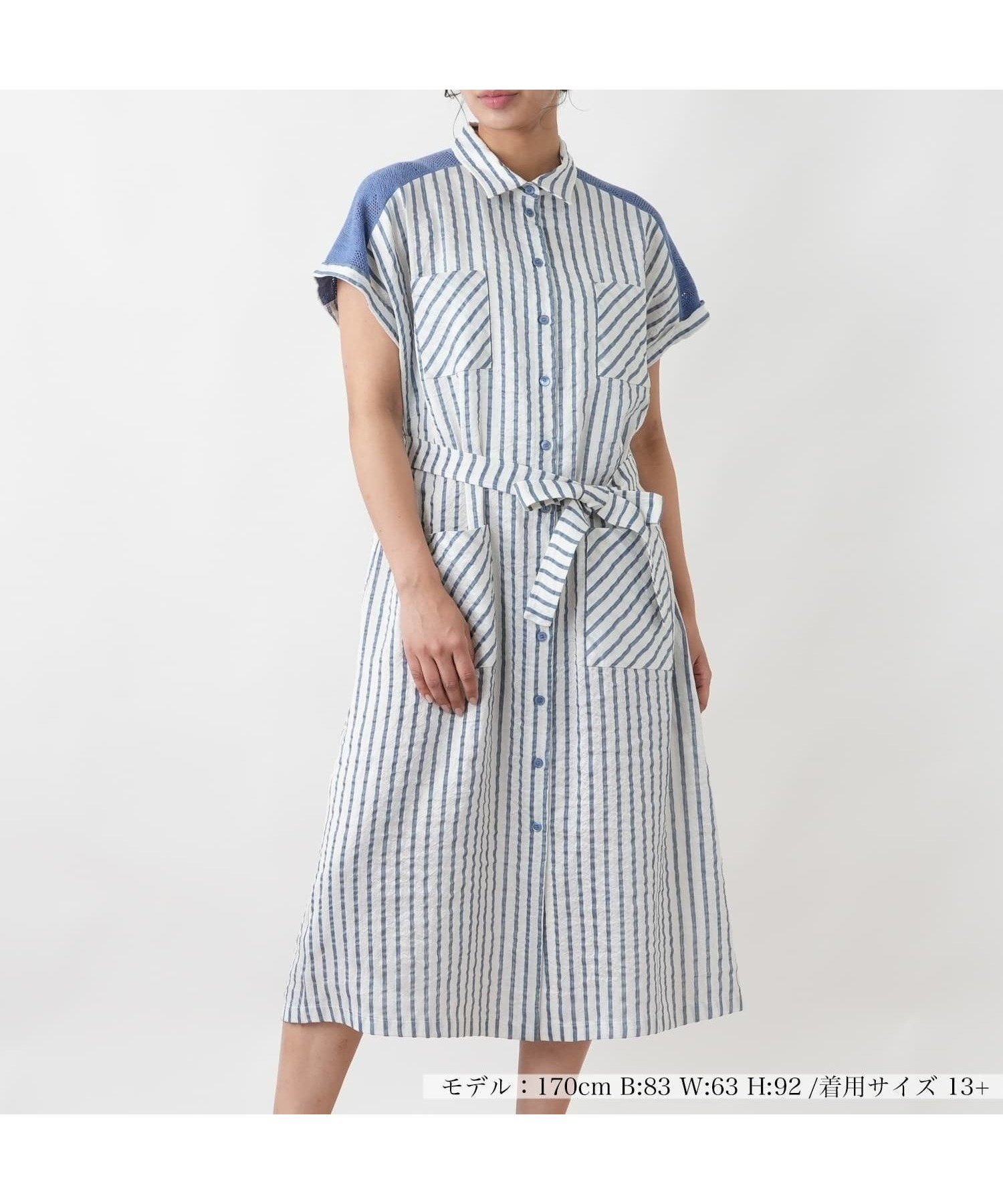 【レリアンプラスハウス/Leilian PLUS HOUSE】のワンピース【SHE S SO】 インテリア・キッズ・メンズ・レディースファッション・服の通販 founy(ファウニー) 　ファッション　Fashion　レディースファッション　Fashion for Women　ワンピース　Dresses　イタリア　Italy　コレクション　Collection, Seasonal Line　ストライプ　Stripe, Striped Pattern　トレンド　Trend, Trending Now　ポケット　Pocket, Pocket Detail　半袖　Short Sleeve, Half Sleeve　ヨーク　Yoke, Yoke Design　夏　Summer　ロイヤルブルー|ID: prp329100004981963 ipo3291000000037324700