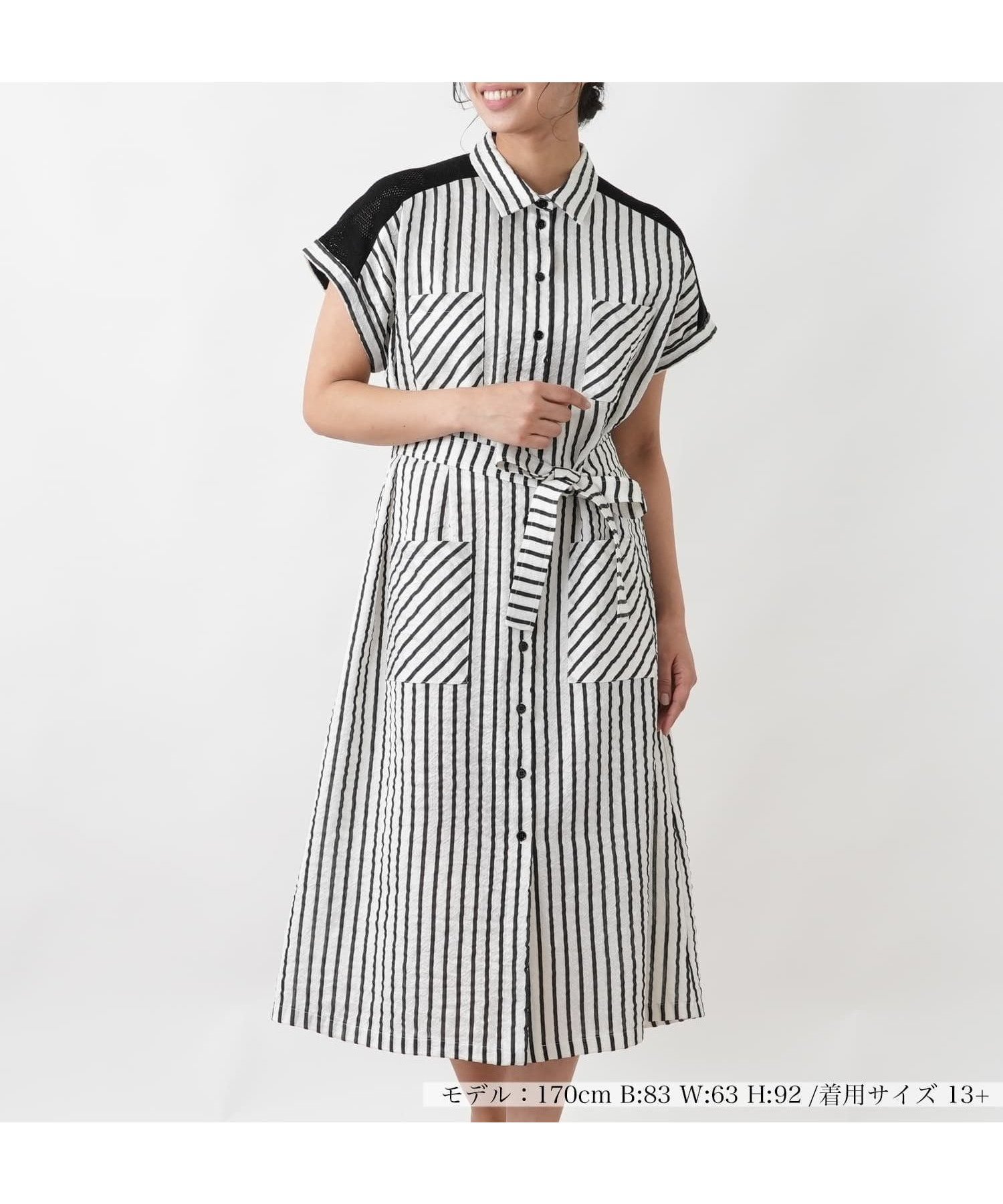 【レリアンプラスハウス/Leilian PLUS HOUSE】のワンピース【SHE S SO】 インテリア・キッズ・メンズ・レディースファッション・服の通販 founy(ファウニー) 　ファッション　Fashion　レディースファッション　Fashion for Women　ワンピース　Dresses　イタリア　Italy　コレクション　Collection, Seasonal Line　ストライプ　Stripe, Striped Pattern　トレンド　Trend, Trending Now　ポケット　Pocket, Pocket Detail　半袖　Short Sleeve, Half Sleeve　ヨーク　Yoke, Yoke Design　夏　Summer　ブラック|ID: prp329100004981963 ipo3291000000037324701
