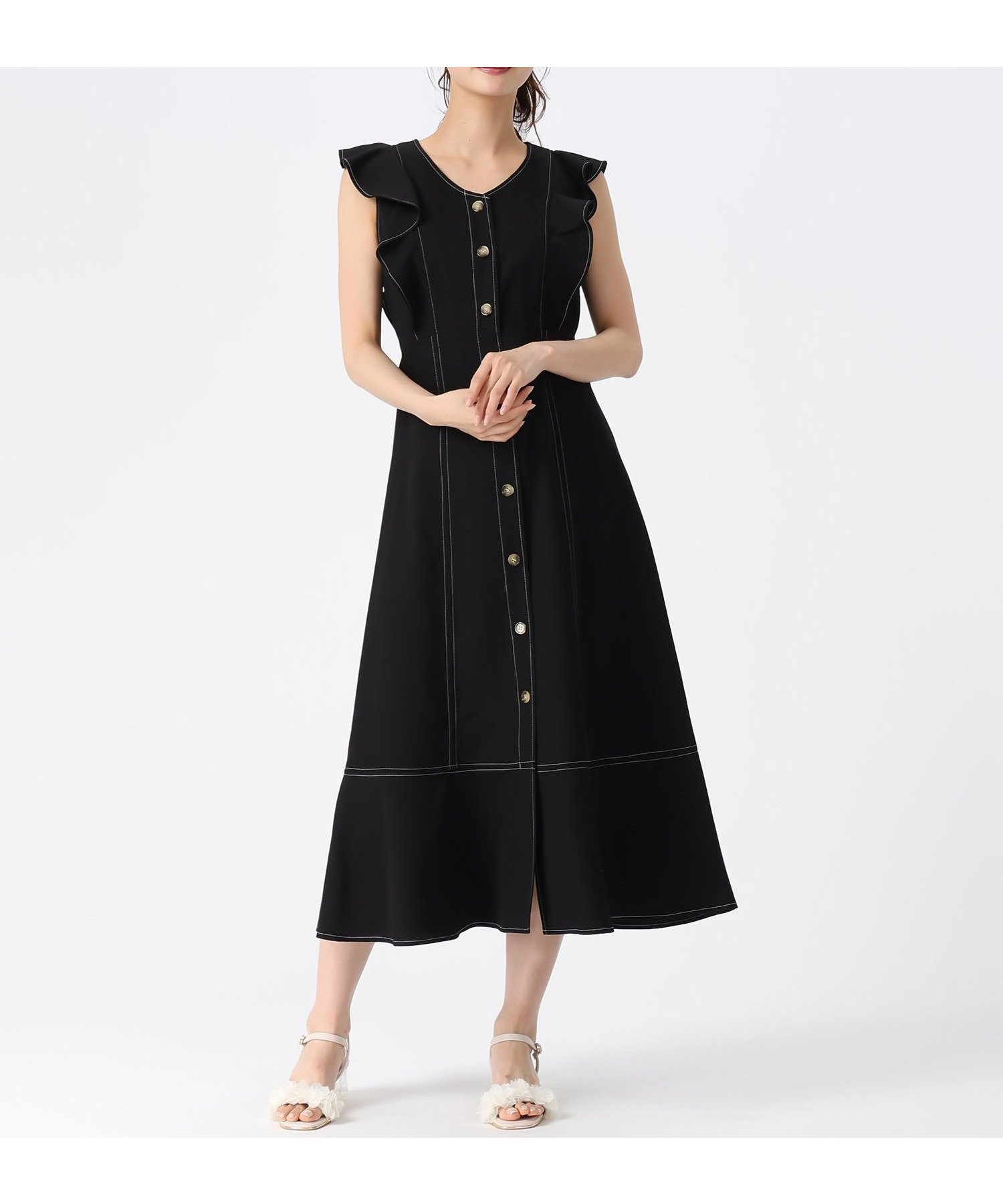【ミッシュマッシュ/MISCH MASCH】の配色ステッチAラインワンピース MM627411 インテリア・キッズ・メンズ・レディースファッション・服の通販 founy(ファウニー) 　ファッション　Fashion　レディースファッション　Fashion for Women　ワンピース　Dresses　Aラインワンピース・フレアシルエット　A-Line Dresses / Flared Silhouette Dresses　おすすめ　Recommended / Our Picks　サンダル　Sandals, Summer Shoes　フリル　Frill, Ruffle　ブラック|ID: prp329100004982013 ipo3291000000037324859