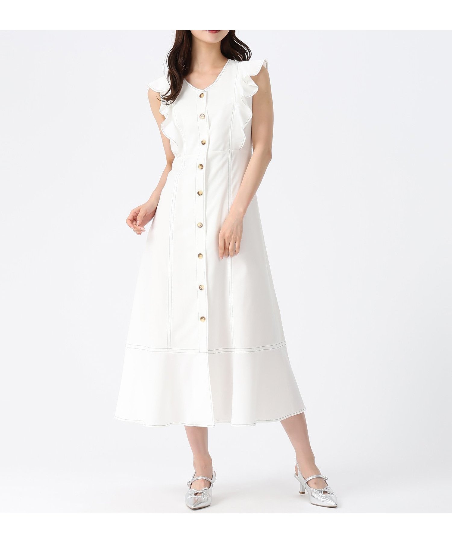 【ミッシュマッシュ/MISCH MASCH】の配色ステッチAラインワンピース MM627411 インテリア・キッズ・メンズ・レディースファッション・服の通販 founy(ファウニー) 　ファッション　Fashion　レディースファッション　Fashion for Women　ワンピース　Dresses　Aラインワンピース・フレアシルエット　A-Line Dresses / Flared Silhouette Dresses　おすすめ　Recommended / Our Picks　サンダル　Sandals, Summer Shoes　フリル　Frill, Ruffle　ホワイト|ID: prp329100004982013 ipo3291000000037324860