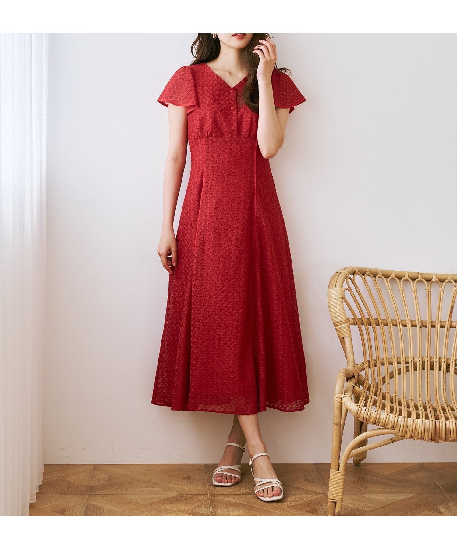 【ミッシュマッシュ/MISCH MASCH】のパイピングバルファスレースワンピース MM627428 インテリア・キッズ・メンズ・レディースファッション・服の通販 founy(ファウニー) 　ファッション　Fashion　レディースファッション　Fashion for Women　ワンピース　Dresses　ギャザー　Gathered, Ruffled　スリーブ　Sleeve, Long Sleeve / Short Sleeve　パイピング　Piping, Trim Design　フレア　Flare, Flared　レース　Lace, Lace Fabric　人気　Popular, Best Seller　今季　This Season, Current Season　切替　Switching, Contrast Panel　レッド|ID: prp329100004982014 ipo3291000000037324864