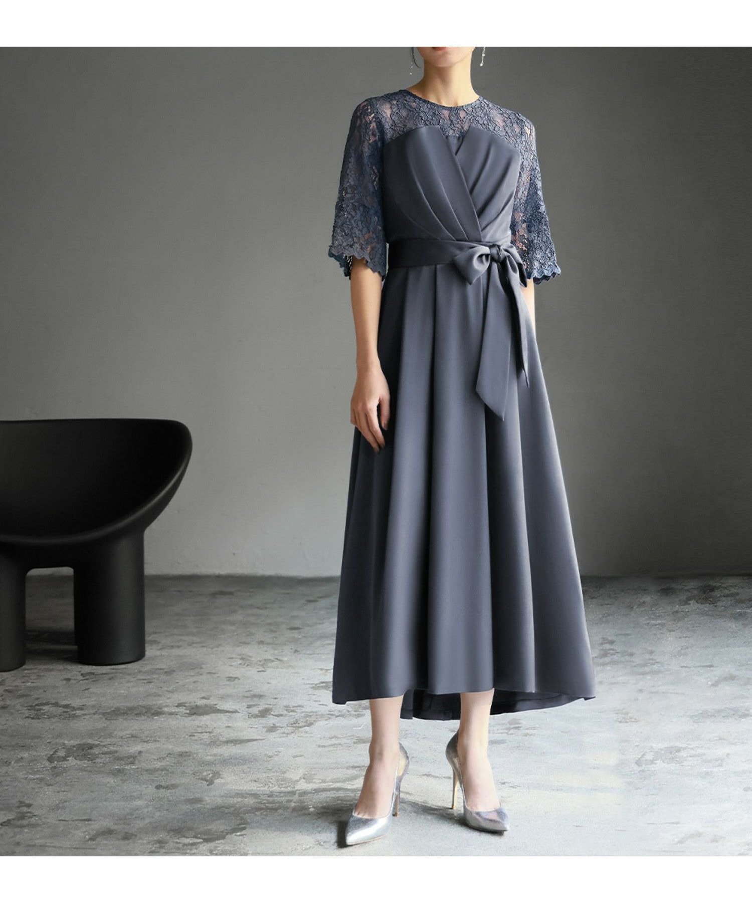 【リバーフィールド アンド コー/RIVER FIELD & Co】のレース切替えビスチェ風フレアロング丈 結婚式 ワンピース パーティードレス インテリア・キッズ・メンズ・レディースファッション・服の通販 founy(ファウニー) 　ファッション　Fashion　レディースファッション　Fashion for Women　ワンピース　Dresses　フォーマル・パーティードレス・結婚式用ドレス　Elegant & Casual Dresses　エレガント 上品　Elegant　サテン　Satin, Glossy Fabric　ドレス　Dress, One-Piece　パール　Pearl, Pearl Accent　ビスチェ　Bustier, Corset Top　フィット　Fit, Slim Fit　フェミニン　Feminine, Girly　フレア　Flare, Flared　ヨーク　Yoke, Yoke Design　リボン　Ribbon, Bow　レース　Lace, Lace Fabric　ロング　Long, Long-Length　再入荷　Restock / Back in Stock　結婚式　Wedding　二次会　After Party　BL|ID: prp329100004982032 ipo3291000000037324943