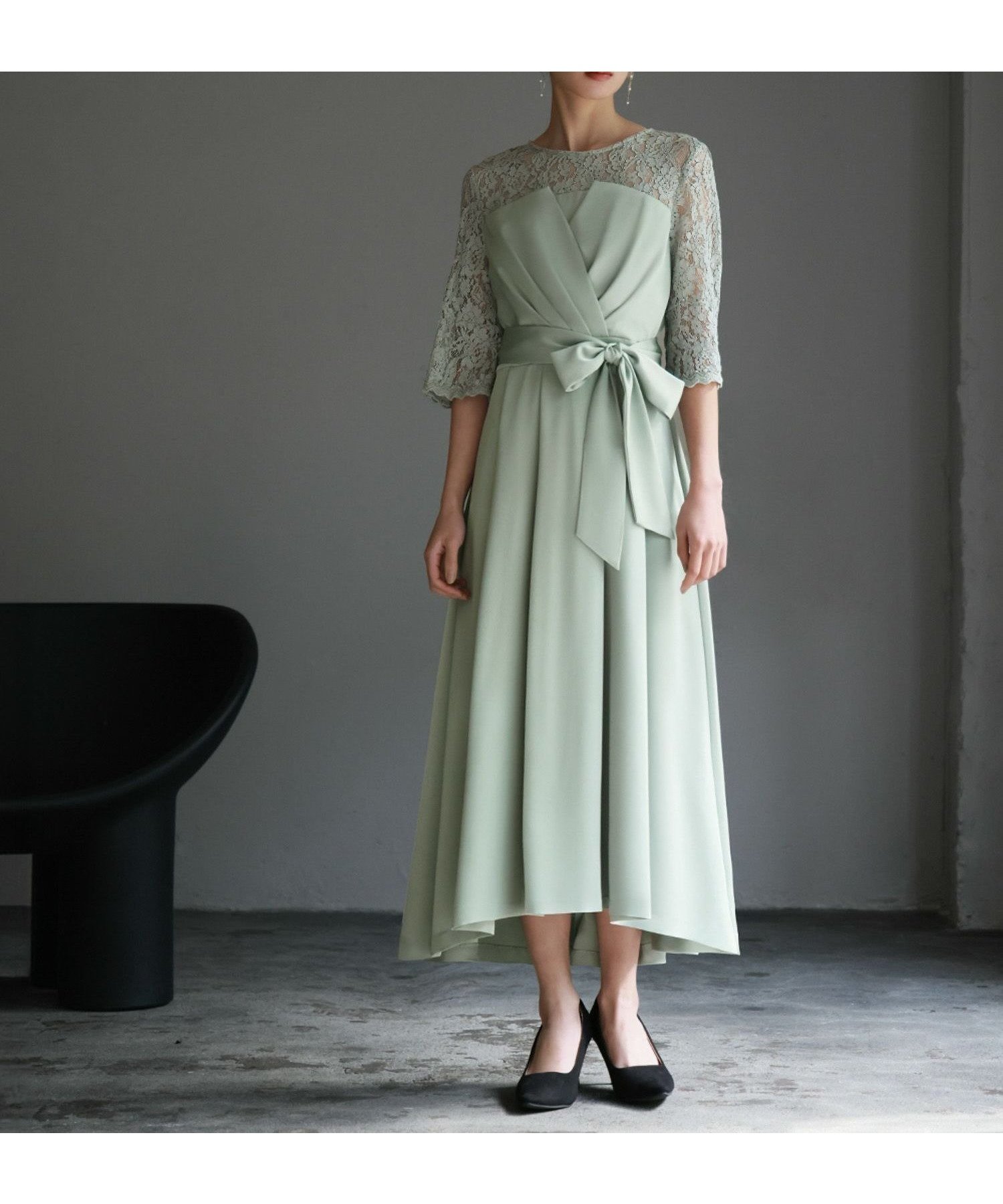 【リバーフィールド アンド コー/RIVER FIELD & Co】のレース切替えビスチェ風フレアロング丈 結婚式 ワンピース パーティードレス インテリア・キッズ・メンズ・レディースファッション・服の通販 founy(ファウニー) 　ファッション　Fashion　レディースファッション　Fashion for Women　ワンピース　Dresses　フォーマル・パーティードレス・結婚式用ドレス　Elegant & Casual Dresses　エレガント 上品　Elegant　サテン　Satin, Glossy Fabric　ドレス　Dress, One-Piece　パール　Pearl, Pearl Accent　ビスチェ　Bustier, Corset Top　フィット　Fit, Slim Fit　フェミニン　Feminine, Girly　フレア　Flare, Flared　ヨーク　Yoke, Yoke Design　リボン　Ribbon, Bow　レース　Lace, Lace Fabric　ロング　Long, Long-Length　再入荷　Restock / Back in Stock　結婚式　Wedding　二次会　After Party　GRN|ID: prp329100004982032 ipo3291000000037324944
