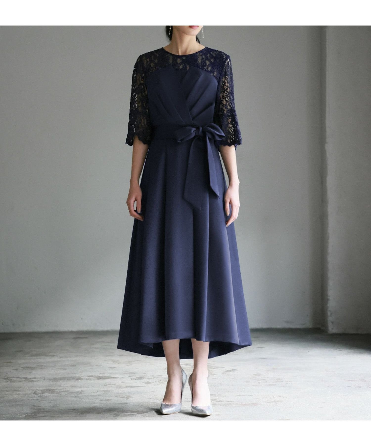 【リバーフィールド アンド コー/RIVER FIELD & Co】のレース切替えビスチェ風フレアロング丈 結婚式 ワンピース パーティードレス インテリア・キッズ・メンズ・レディースファッション・服の通販 founy(ファウニー) 　ファッション　Fashion　レディースファッション　Fashion for Women　ワンピース　Dresses　フォーマル・パーティードレス・結婚式用ドレス　Elegant & Casual Dresses　エレガント 上品　Elegant　サテン　Satin, Glossy Fabric　ドレス　Dress, One-Piece　パール　Pearl, Pearl Accent　ビスチェ　Bustier, Corset Top　フィット　Fit, Slim Fit　フェミニン　Feminine, Girly　フレア　Flare, Flared　ヨーク　Yoke, Yoke Design　リボン　Ribbon, Bow　レース　Lace, Lace Fabric　ロング　Long, Long-Length　再入荷　Restock / Back in Stock　結婚式　Wedding　二次会　After Party　NA|ID: prp329100004982032 ipo3291000000037324947