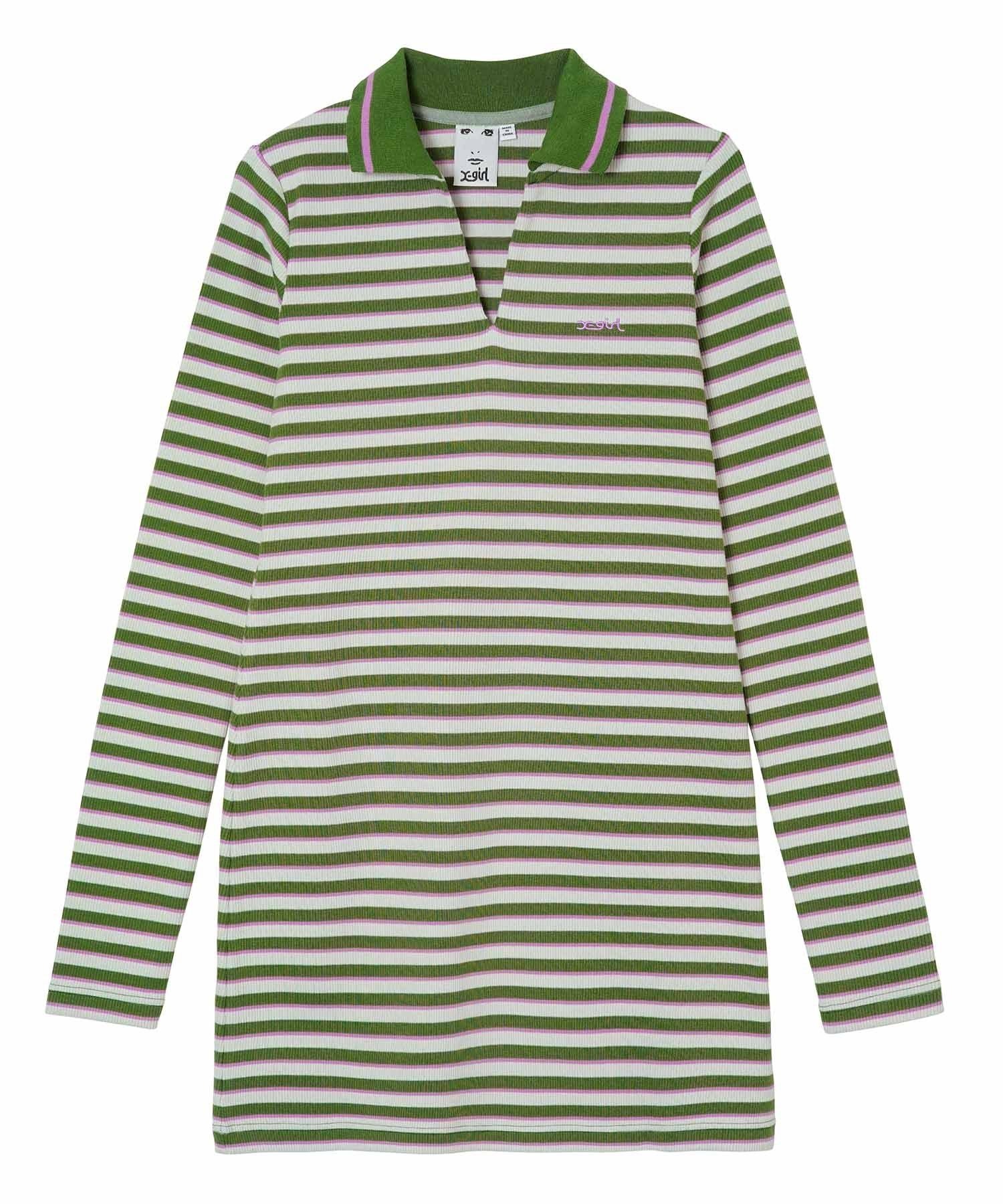 【エックスガール/X-girl】のMULTI STRIPE COMPACT DRESS インテリア・キッズ・メンズ・レディースファッション・服の通販 founy(ファウニー) 　ファッション　Fashion　レディースファッション　Fashion for Women　ワンピース　Dresses　フォーマル・パーティードレス・結婚式用ドレス　Elegant & Casual Dresses　スキッパー　Skipper, Open Collar　ベーシック　Basic, Essential　ボーダー　Border, Stripe　ワンポイント　One Point, Statement Accent　無地　Plain, Solid Color　OLIVE|ID: prp329100004982041 ipo3291000000037324973