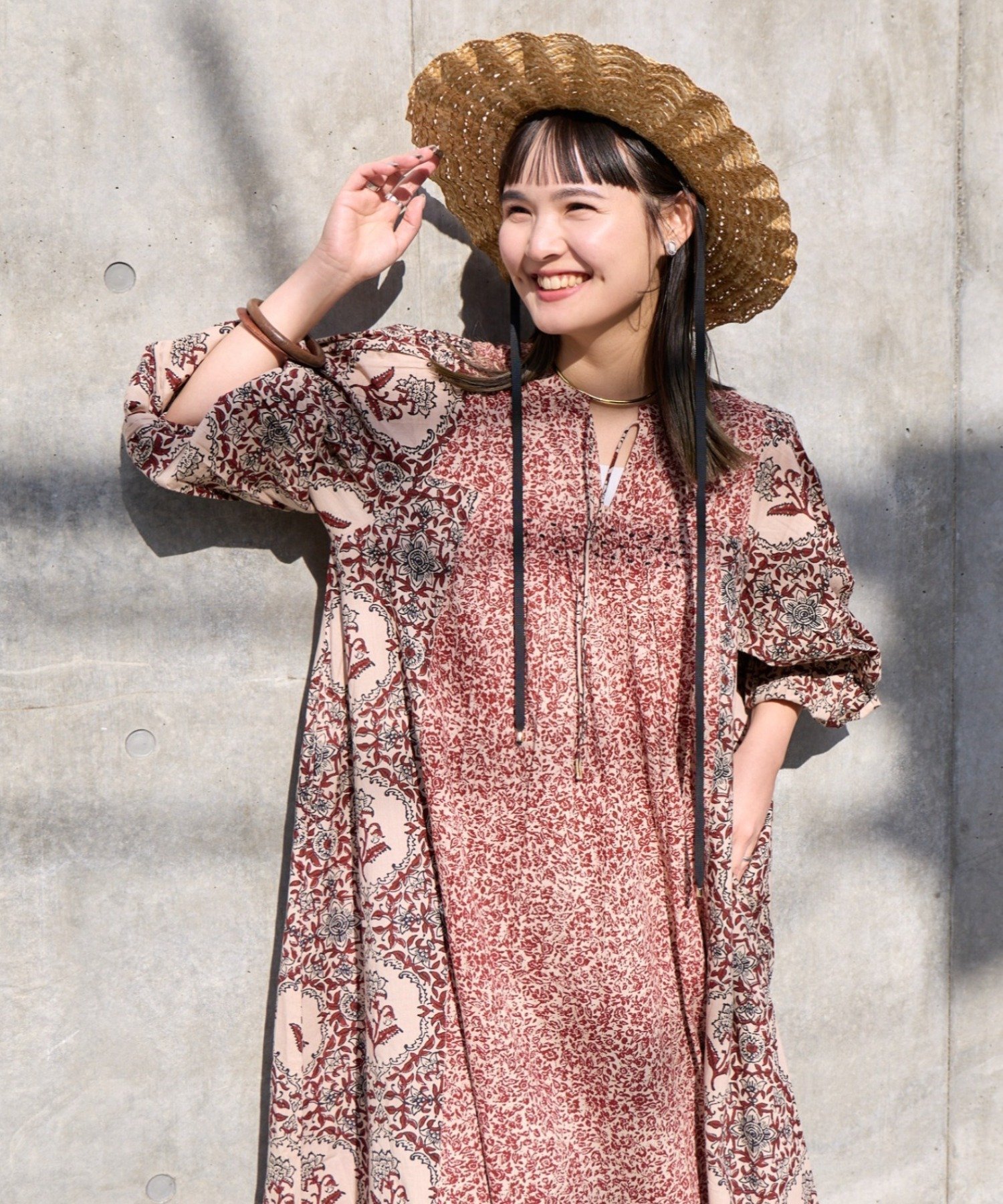 【チャオパニックティピー/CIAOPANIC TYPY】の【Aguni】花柄切替袖ボリュームワンピース インテリア・キッズ・メンズ・レディースファッション・服の通販 founy(ファウニー) 　ファッション　Fashion　レディースファッション　Fashion for Women　ワンピース　Dresses　春　Spring　切替　Switching, Contrast Panel　デコルテ　Décolleté, Neckline　デニム　Denim, Jeans Material　ドッキング　Docking, Mixed Material　バルーン　Balloon, Balloon Silhouette　パターン　Pattern, Design Print　ポケット　Pocket, Pocket Detail　半袖　Short Sleeve, Half Sleeve　リラックス　Relax, Relaxed Fit　ロング　Long, Long-Length　S/S・春夏　SS, Spring/Summer, Warm Season　おすすめ　Recommended / Our Picks　夏　Summer　エレガント 上品　Elegant　レッド|ID: prp329100004982047 ipo3291000000037324991