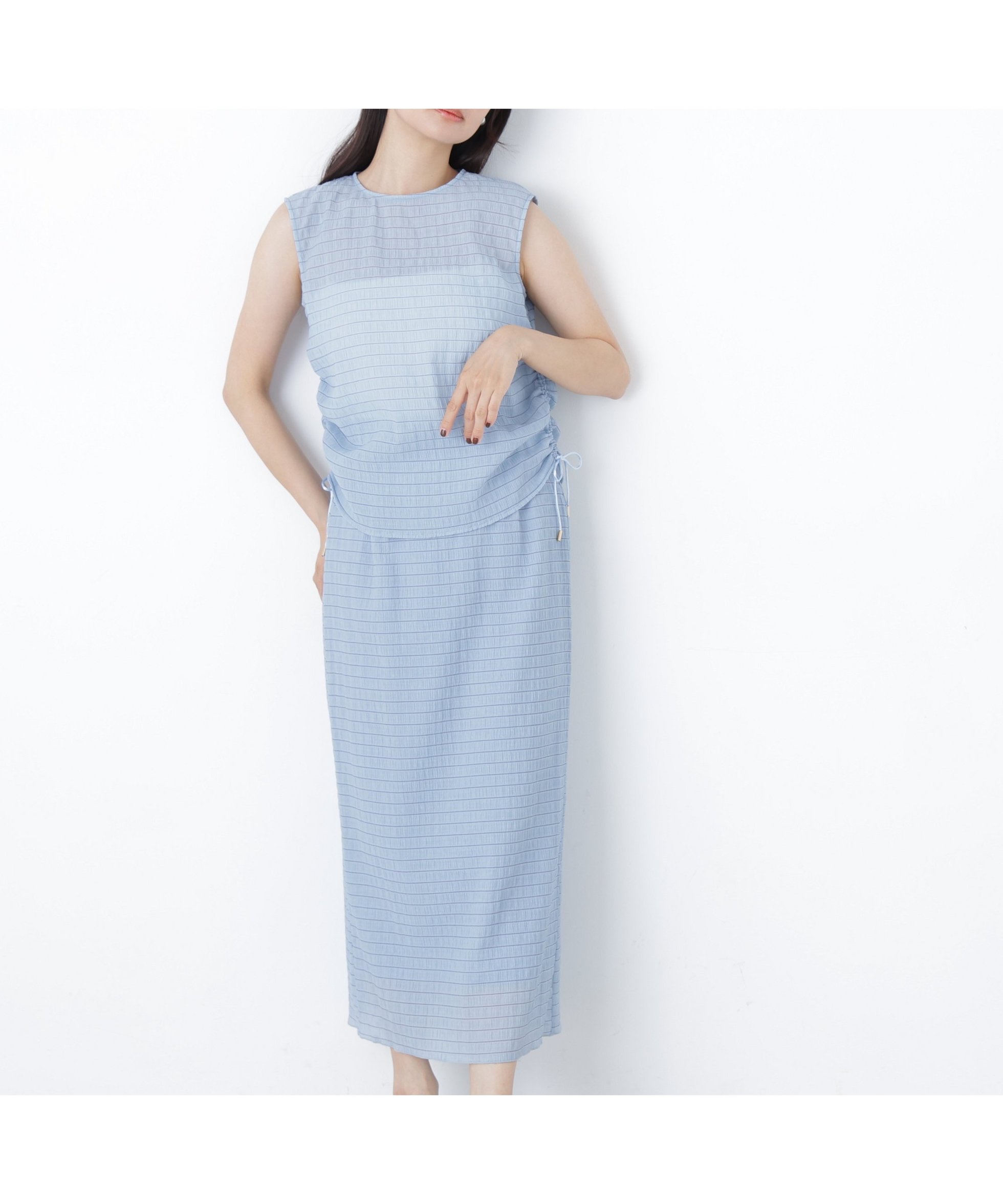 【ナチュラル ビューティー ベーシック/NATURAL BEAUTY BASIC】のシアーシャーリングセットアップ インテリア・キッズ・メンズ・レディースファッション・服の通販 founy(ファウニー) 　ファッション　Fashion　レディースファッション　Fashion for Women　セットアップ　Matching Sets　シャーリング　Shirring, Ruched　セットアップ　Set-Up, Coordinated Outfit　ボーダー　Border, Stripe　リボン　Ribbon, Bow　ブルー|ID: prp329100004982076 ipo3291000000037325085