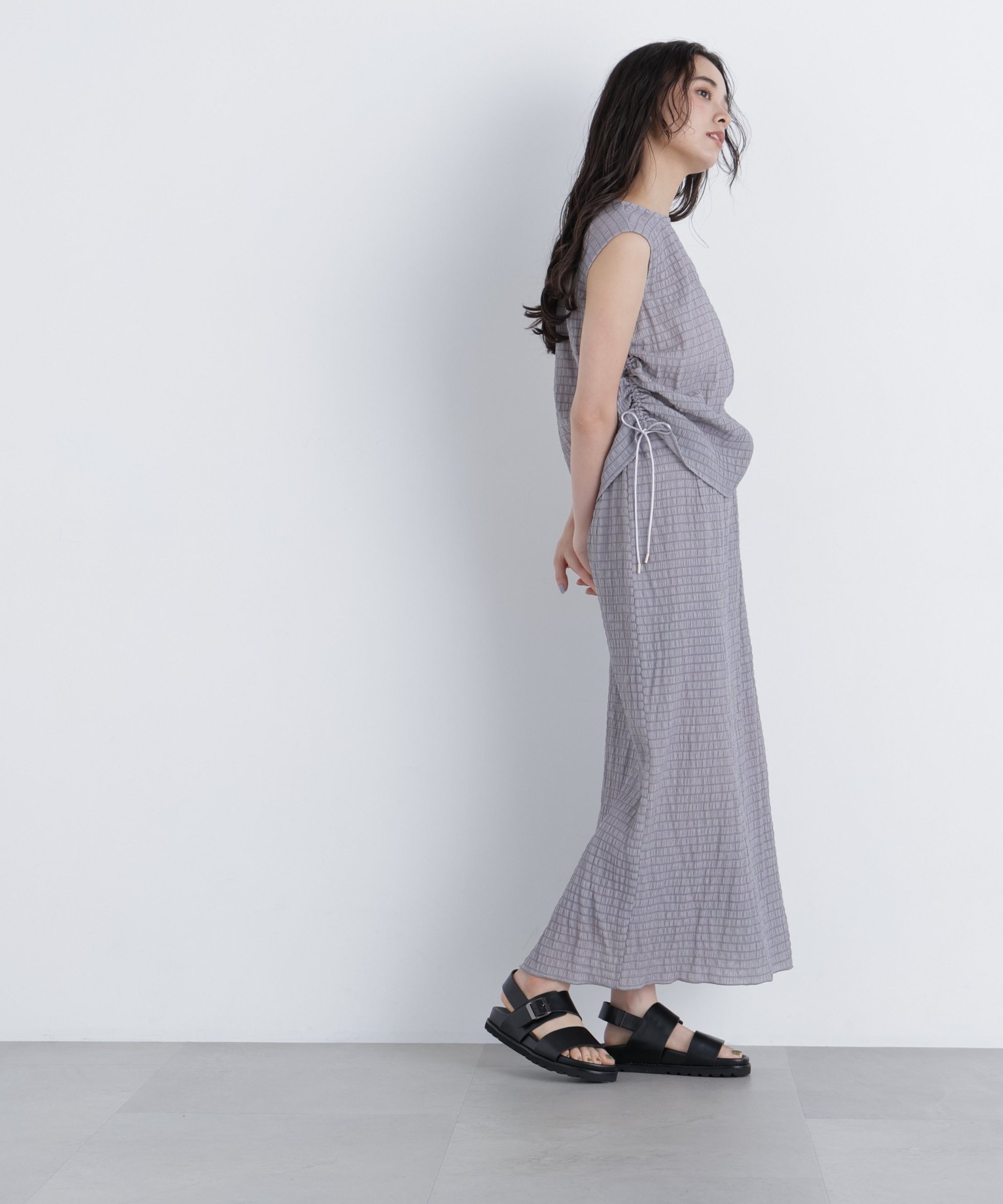 【ナチュラル ビューティー ベーシック/NATURAL BEAUTY BASIC】のシアーシャーリングセットアップ インテリア・キッズ・メンズ・レディースファッション・服の通販 founy(ファウニー) 　ファッション　Fashion　レディースファッション　Fashion for Women　セットアップ　Matching Sets　シャーリング　Shirring, Ruched　セットアップ　Set-Up, Coordinated Outfit　ボーダー　Border, Stripe　リボン　Ribbon, Bow　グレー|ID: prp329100004982076 ipo3291000000037325086