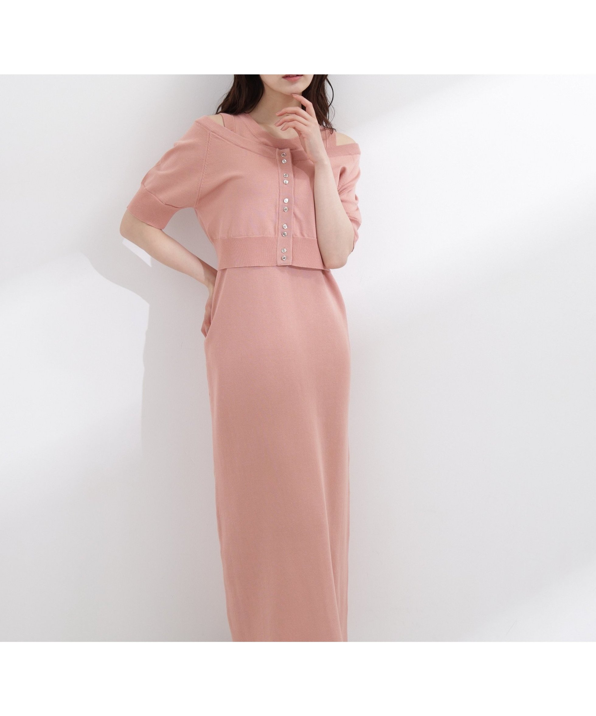 【プロポーション ボディドレッシング/PROPORTION BODY DRESSING】のa/mie ショートカーデレイヤードワンピース インテリア・キッズ・メンズ・レディースファッション・服の通販 founy(ファウニー) 　ファッション　Fashion　レディースファッション　Fashion for Women　ワンピース　Dresses　カーディガン　Cardigan, Knitwear　ショート　Short, Short Length　エレガント 上品　Elegant　ピンク|ID: prp329100004982085 ipo3291000000037325121