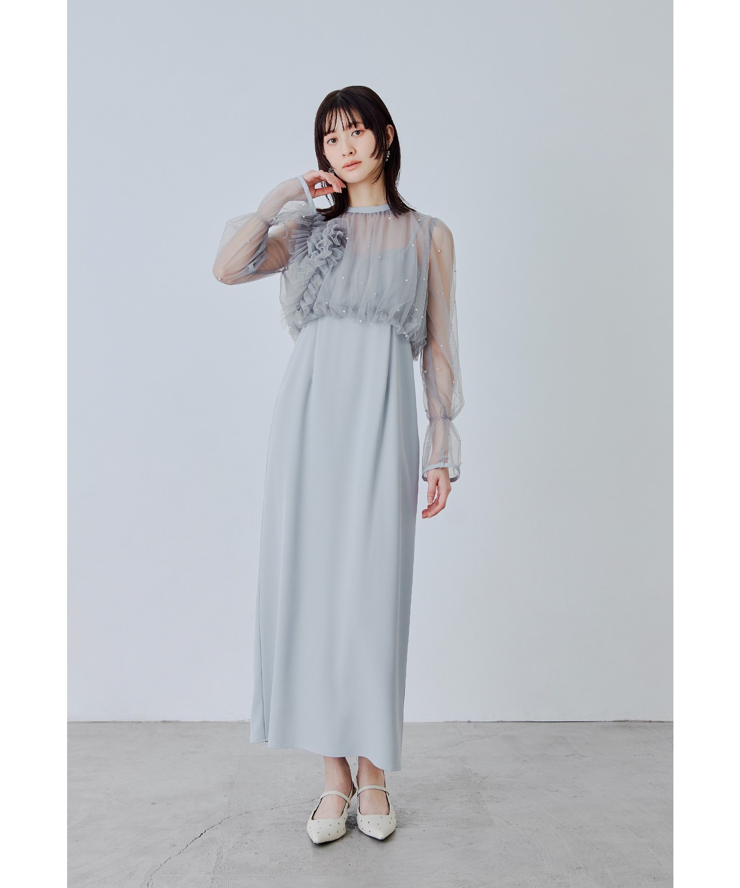 【ビーフラット/bflat】のパールブラウスセットドレス 2点セット キャミワンピース 結婚式 成人式 二次会 インテリア・キッズ・メンズ・レディースファッション・服の通販 founy(ファウニー) 　ファッション　Fashion　レディースファッション　Fashion for Women　ワンピース　Dresses　フォーマル・パーティードレス・結婚式用ドレス　Elegant & Casual Dresses　キャミソールワンピース　Camisole Dresses　イレギュラー　Irregular Design　カフス　Cuff Design　キャミワンピース　Cami Dress, Slip Dress　スリーブ　Sleeve, Long Sleeve / Short Sleeve　ドット　Polka Dot, Dot Pattern　バルーン　Balloon, Balloon Silhouette　パール　Pearl, Pearl Accent　フリル　Frill, Ruffle　ボレロ　Bolero, Short Cardigan　おすすめ　Recommended / Our Picks　結婚式　Wedding　披露宴　Wedding Reception　二次会　After Party　ブルーグレー|ID: prp329100004982087 ipo3291000000037325128