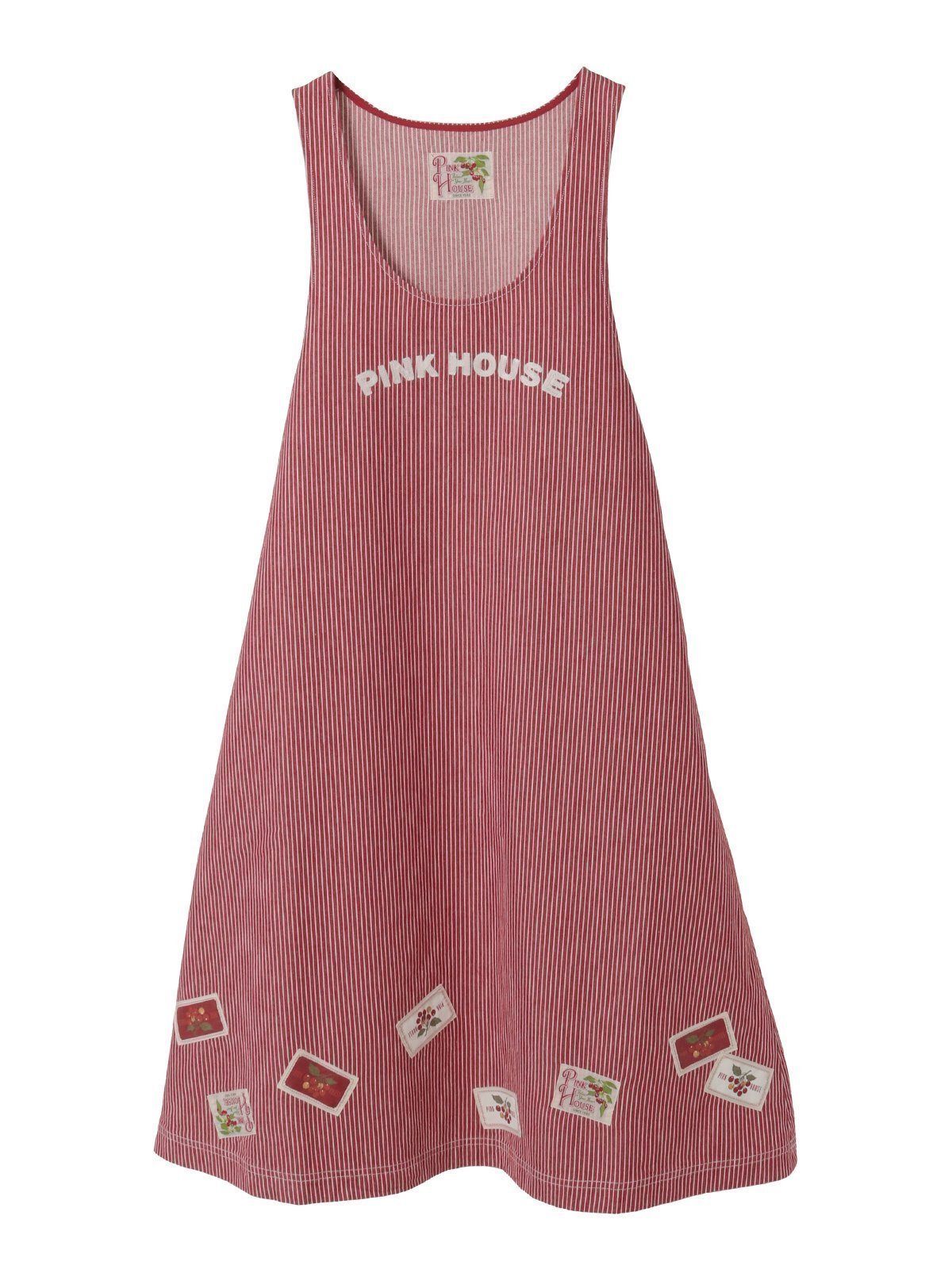 【ピンクハウス/PINK HOUSE】のネームワッペンいっぱいヒッコリージャンパースカート インテリア・キッズ・メンズ・レディースファッション・服の通販 founy(ファウニー) 　ファッション　Fashion　レディースファッション　Fashion for Women　スカート　Skirts　クラシカル　Classical, Vintage-Inspired　チェリー　Cherry, Cherry Pattern　ネップ　Nepp, Slub Yarn　フロント　Front, Front Design　ポケット　Pocket, Pocket Detail　ランダム　Random, Irregular　リボン　Ribbon, Bow　アカ|ID: prp329100004982155 ipo3291000000037325386