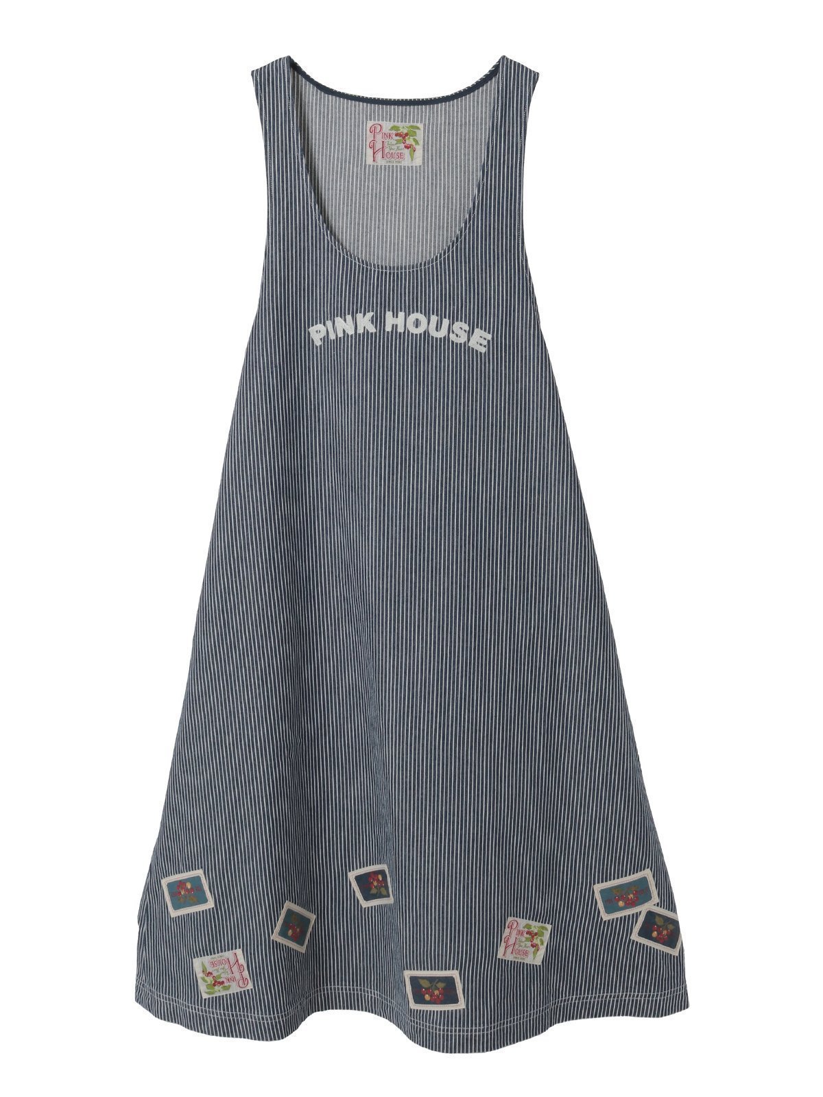 【ピンクハウス/PINK HOUSE】のネームワッペンいっぱいヒッコリージャンパースカート インテリア・キッズ・メンズ・レディースファッション・服の通販 founy(ファウニー) 　ファッション　Fashion　レディースファッション　Fashion for Women　スカート　Skirts　クラシカル　Classical, Vintage-Inspired　チェリー　Cherry, Cherry Pattern　ネップ　Nepp, Slub Yarn　フロント　Front, Front Design　ポケット　Pocket, Pocket Detail　ランダム　Random, Irregular　リボン　Ribbon, Bow　インディゴ|ID: prp329100004982155 ipo3291000000037325388