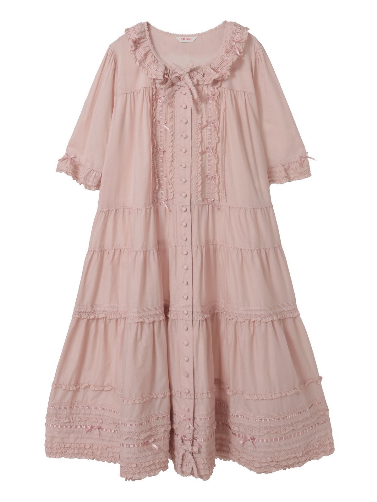 【ピンクハウス/PINK HOUSE】のミニリボンいっぱいティアードワンピース インテリア・キッズ・メンズ・レディースファッション・服の通販 founy(ファウニー) 　ファッション　Fashion　レディースファッション　Fashion for Women　ワンピース　Dresses　サテン　Satin, Glossy Fabric　ティアードワンピース　Tiered Dress, Flared Dress　フリル　Frill, Ruffle　フロント　Front, Front Design　リボン　Ribbon, Bow　ロング　Long, Long-Length　ピンク|ID: prp329100004982159 ipo3291000000037325411