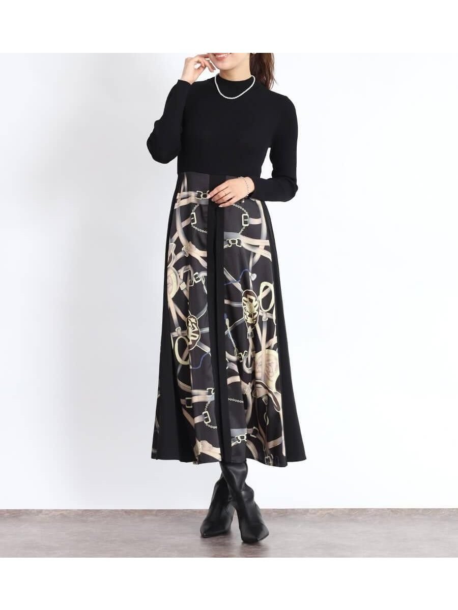 【ヴァン/Vin】のスカーフプリントドッキングワンピース インテリア・キッズ・メンズ・レディースファッション・服の通販 founy(ファウニー) 　ファッション　Fashion　レディースファッション　Fashion for Women　ワンピース　Dresses　エレガント 上品　Elegant　コンパクト　Compact, Small Size　シャーリング　Shirring, Ruched　シンプル　Simple, Minimal　スカーフ　Scarf, Neckwear　フィット　Fit, Slim Fit　リブニット　Rib Knit, Ribbed Knit　ブラック|ID: prp329100004982223 ipo3291000000037325633