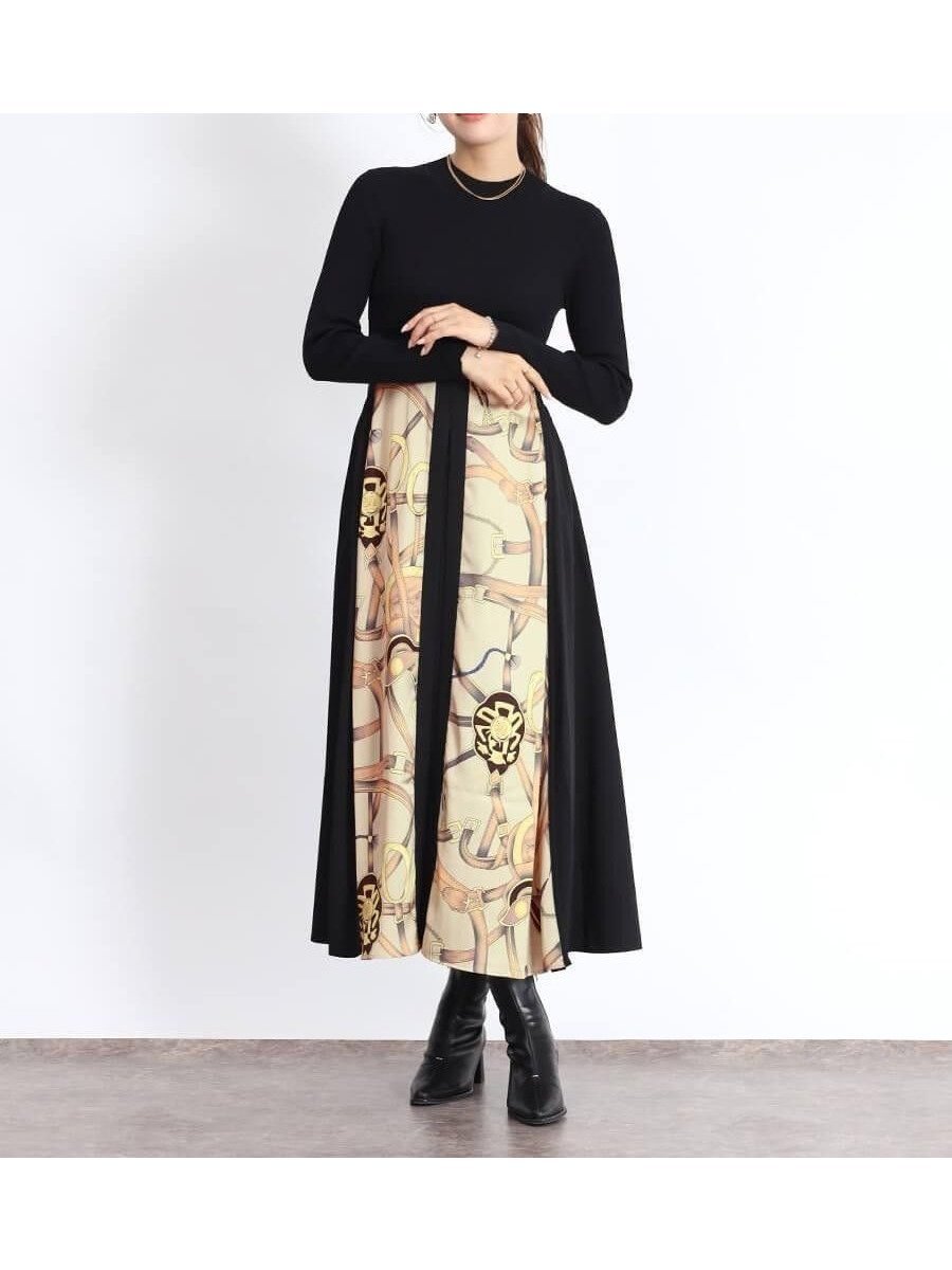 【ヴァン/Vin】のスカーフプリントドッキングワンピース インテリア・キッズ・メンズ・レディースファッション・服の通販 founy(ファウニー) 　ファッション　Fashion　レディースファッション　Fashion for Women　ワンピース　Dresses　エレガント 上品　Elegant　コンパクト　Compact, Small Size　シャーリング　Shirring, Ruched　シンプル　Simple, Minimal　スカーフ　Scarf, Neckwear　フィット　Fit, Slim Fit　リブニット　Rib Knit, Ribbed Knit　ベージュ|ID: prp329100004982223 ipo3291000000037325634
