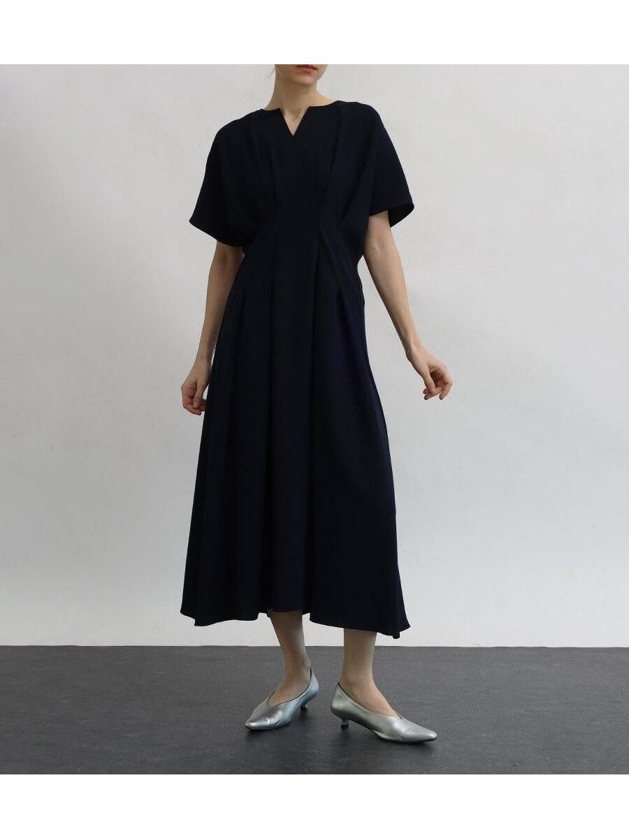 【ラシュッド/LASUD】のキーネックウエストタックワンピース インテリア・キッズ・メンズ・レディースファッション・服の通販 founy(ファウニー) 　ファッション　Fashion　レディースファッション　Fashion for Women　ワンピース　Dresses　ダブル　Double, Double-Breasted　ドレープ　Drape, Draping Fabric　フィット　Fit, Slim Fit　フロント　Front, Front Design　ワイド　Wide, Wide Fit　エレガント 上品　Elegant　ネイビー|ID: prp329100004982241 ipo3291000000037325682