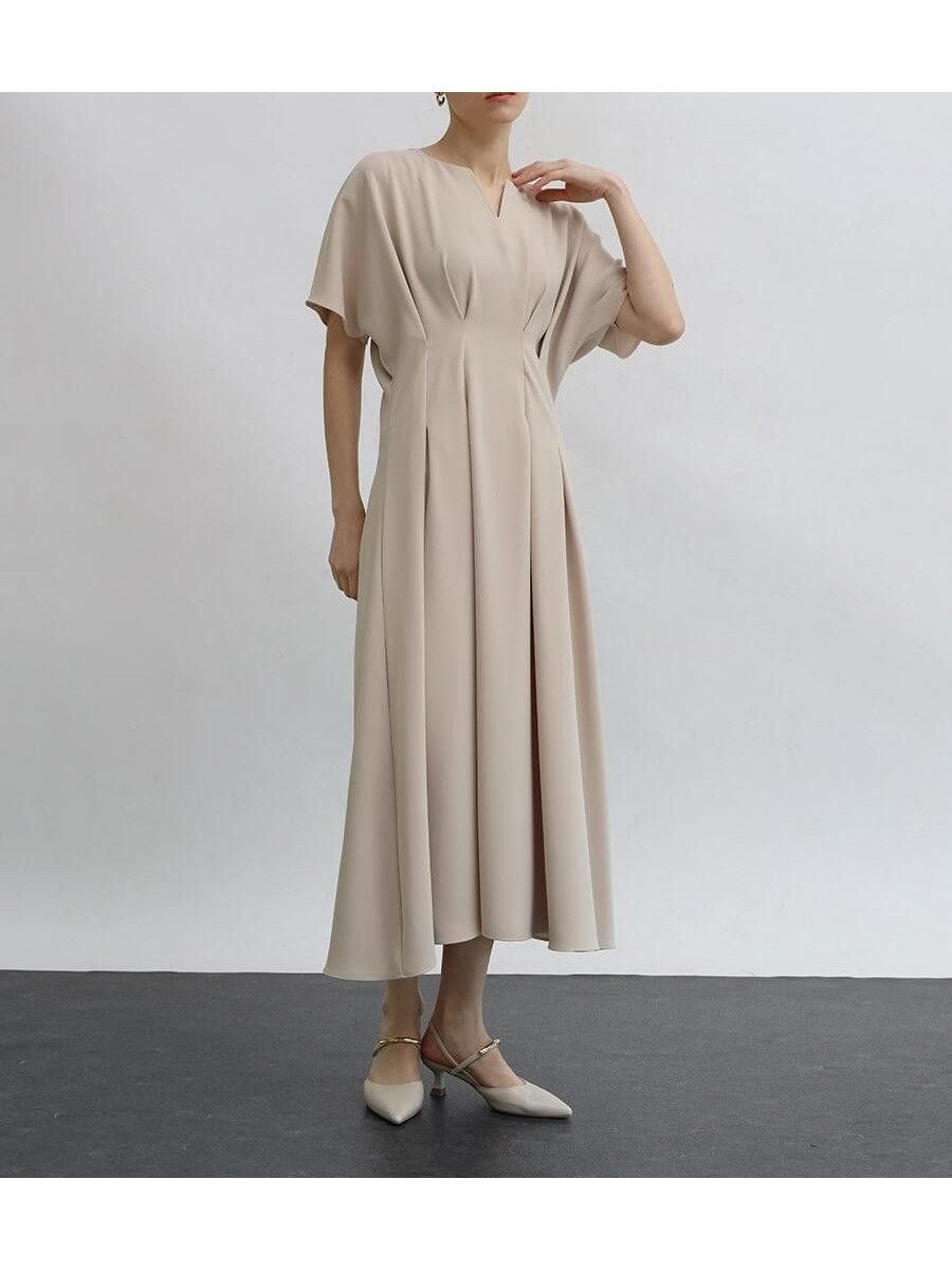 【ラシュッド/LASUD】のキーネックウエストタックワンピース インテリア・キッズ・メンズ・レディースファッション・服の通販 founy(ファウニー) 　ファッション　Fashion　レディースファッション　Fashion for Women　ワンピース　Dresses　ダブル　Double, Double-Breasted　ドレープ　Drape, Draping Fabric　フィット　Fit, Slim Fit　フロント　Front, Front Design　ワイド　Wide, Wide Fit　エレガント 上品　Elegant　ベージュ|ID: prp329100004982241 ipo3291000000037325683