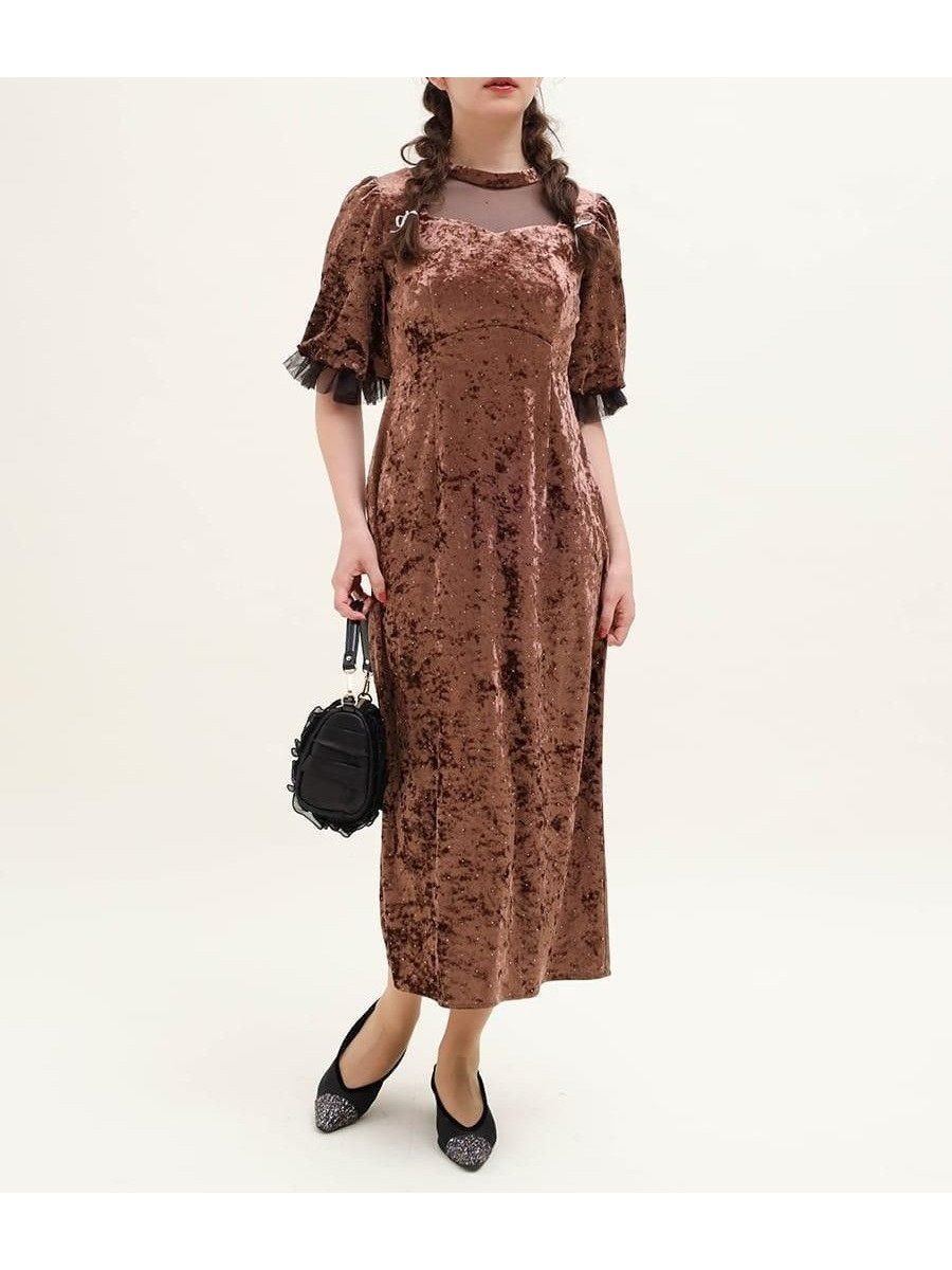 【ラシュッド/LASUD】のベロアストーンワンピース インテリア・キッズ・メンズ・レディースファッション・服の通販 founy(ファウニー) 　ファッション　Fashion　レディースファッション　Fashion for Women　ワンピース　Dresses　ストーン　Stone, Gem-Like　フリル　Frill, Ruffle　ベロア　Velour, Soft Velvet　ヨーク　Yoke, Yoke Design　エレガント 上品　Elegant　キャメル|ID: prp329100004982244 ipo3291000000037325690