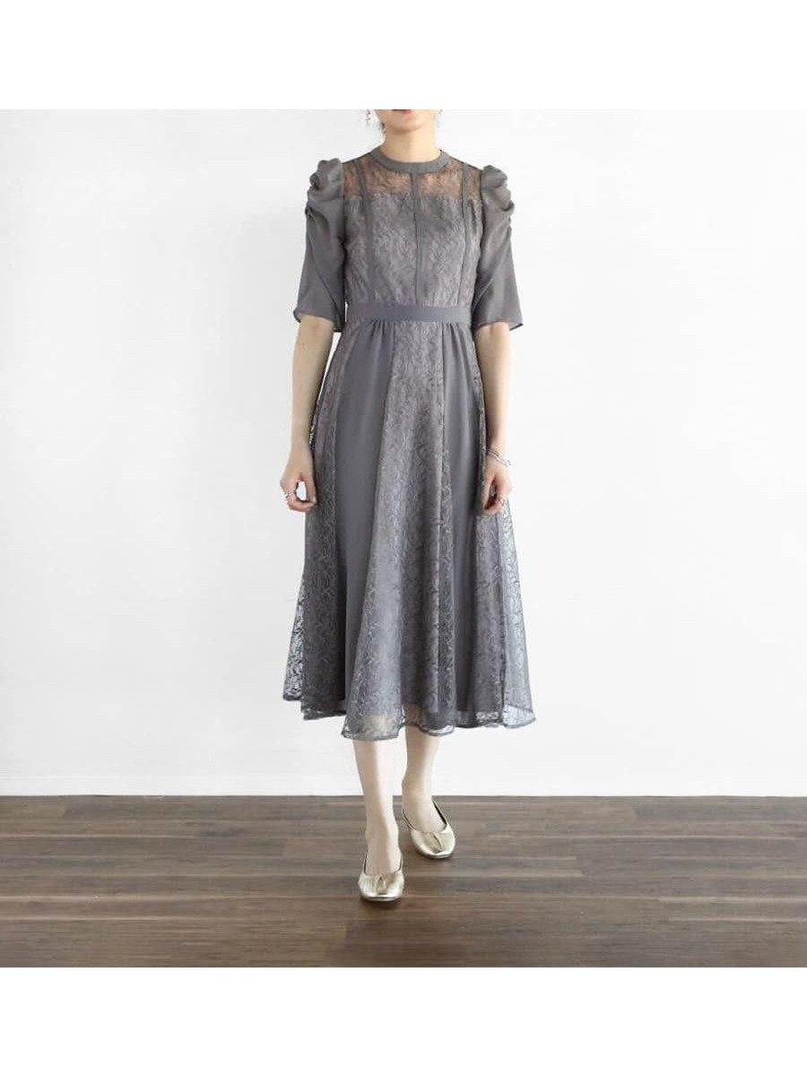 【ラシュッド/LASUD】のボリュームショルダーバイカラードレス インテリア・キッズ・メンズ・レディースファッション・服の通販 founy(ファウニー) 　ファッション　Fashion　レディースファッション　Fashion for Women　ワンピース　Dresses　フォーマル・パーティードレス・結婚式用ドレス　Elegant & Casual Dresses　おすすめ　Recommended / Our Picks　ギャザー　Gathered, Ruffled　フレア　Flare, Flared　ラッセル　Raschel, Raschel Lace　レース　Lace, Lace Fabric　ロマンティック　Romantic, Feminine Style　切替　Switching, Contrast Panel　ライトグレー|ID: prp329100004982259 ipo3291000000037325741