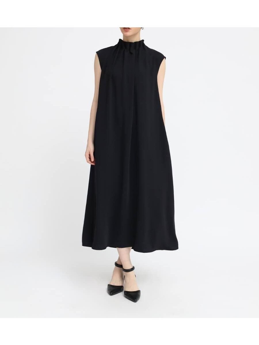 【ラシュッド/LASUD】のタックネックワンピース インテリア・キッズ・メンズ・レディースファッション・服の通販 founy(ファウニー) 　ファッション　Fashion　レディースファッション　Fashion for Women　ワンピース　Dresses　ギャザー　Gathered, Ruffled　サテン　Satin, Glossy Fabric　シンプル　Simple, Minimal　とろみ　Fluid, Flowy Fabric　ドレープ　Drape, Draping Fabric　フレア　Flare, Flared　ブラック|ID: prp329100004982262 ipo3291000000037325750