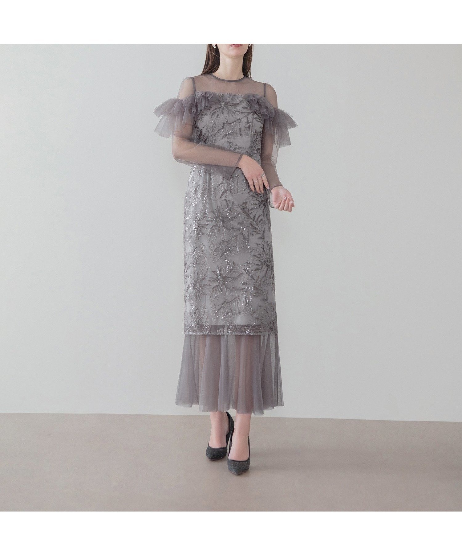 【レジャ/Leja】のフラワースパンコールヘムチュールIラインワンピースドレス結婚式 インテリア・キッズ・メンズ・レディースファッション・服の通販 founy(ファウニー) 　ファッション　Fashion　レディースファッション　Fashion for Women　ワンピース　Dresses　フォーマル・パーティードレス・結婚式用ドレス　Elegant & Casual Dresses　結婚式　Wedding　GRAY|ID: prp329100004982282 ipo3291000000037325811