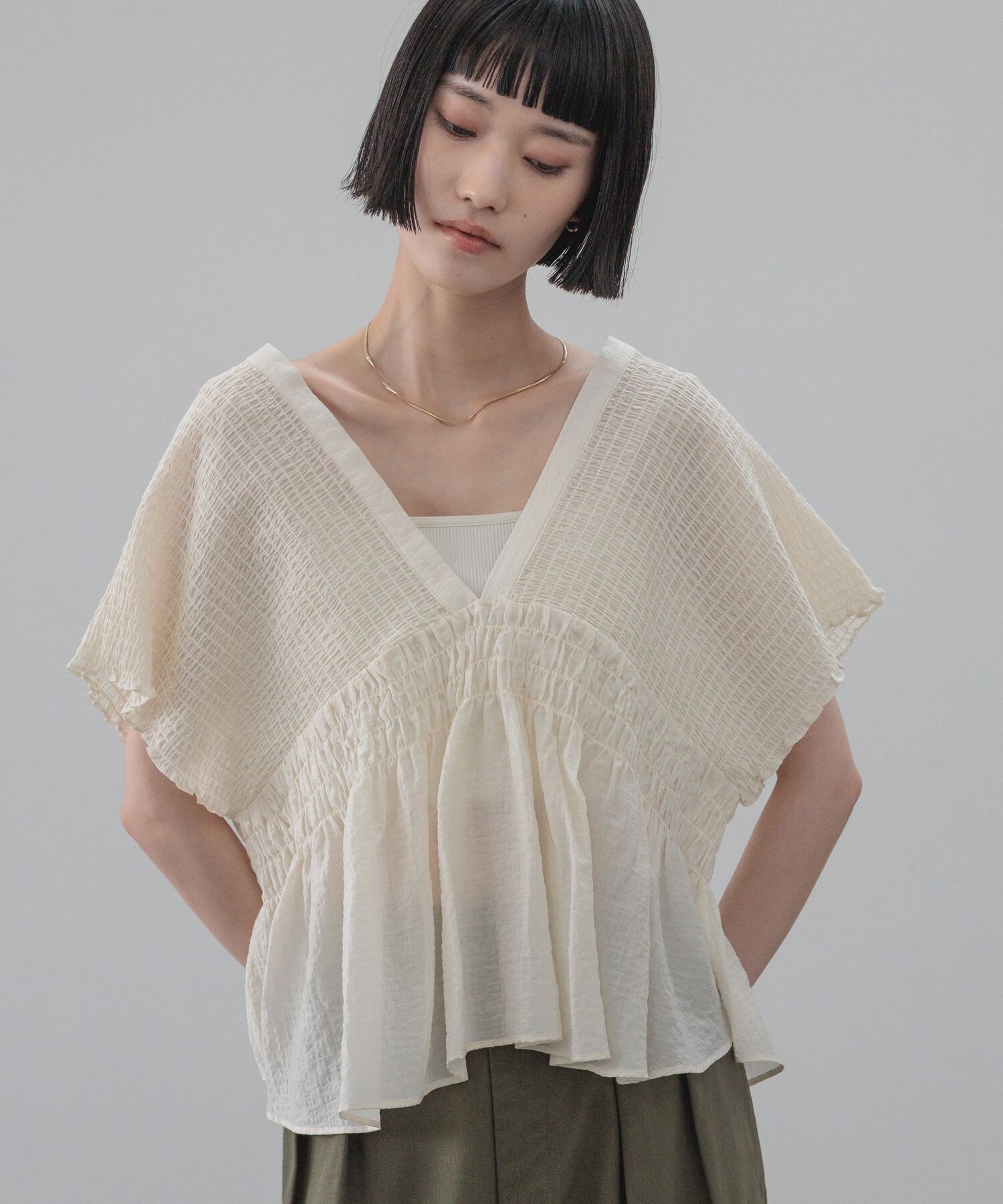【ローリーズファーム/LOWRYS FARM】のヨウリュウシャーリングショートフレンチスリーブ インテリア・キッズ・メンズ・レディースファッション・服の通販 founy(ファウニー) 　ファッション　Fashion　レディースファッション　Fashion for Women　シアー　Sheer, See-Through　ショート　Short, Short Length　チェック　Check, Plaid, Tartan　デニム　Denim, Jeans Material　ボトム　Bottoms, Lower Wear　人気　Popular, Best Seller　夏　Summer　アイボリー08|ID: prp329100004982363 ipo3291000000037326182