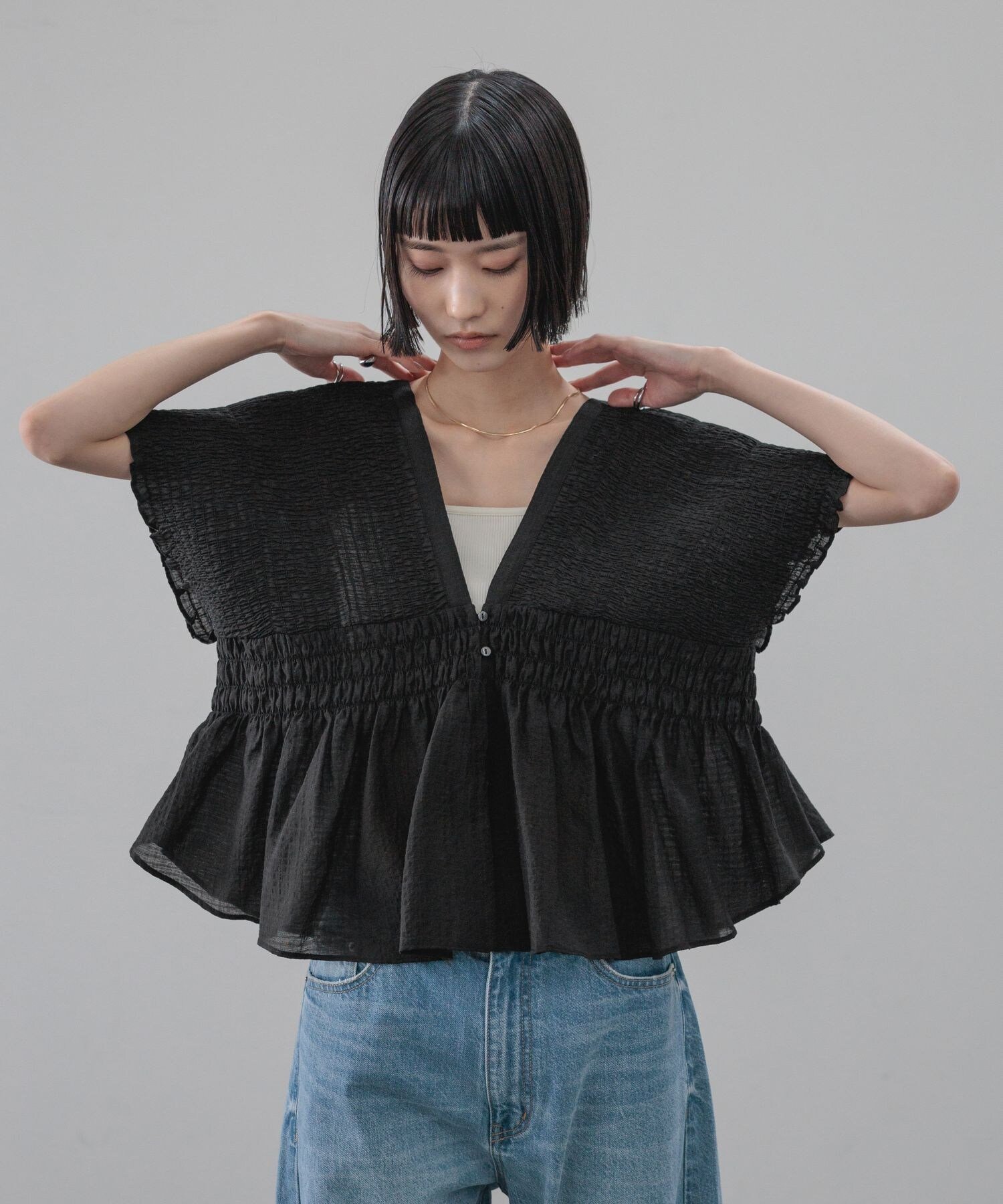 【ローリーズファーム/LOWRYS FARM】のヨウリュウシャーリングショートフレンチスリーブ インテリア・キッズ・メンズ・レディースファッション・服の通販 founy(ファウニー) 　ファッション　Fashion　レディースファッション　Fashion for Women　シアー　Sheer, See-Through　ショート　Short, Short Length　チェック　Check, Plaid, Tartan　デニム　Denim, Jeans Material　ボトム　Bottoms, Lower Wear　人気　Popular, Best Seller　夏　Summer　ブラック09|ID: prp329100004982363 ipo3291000000037326183
