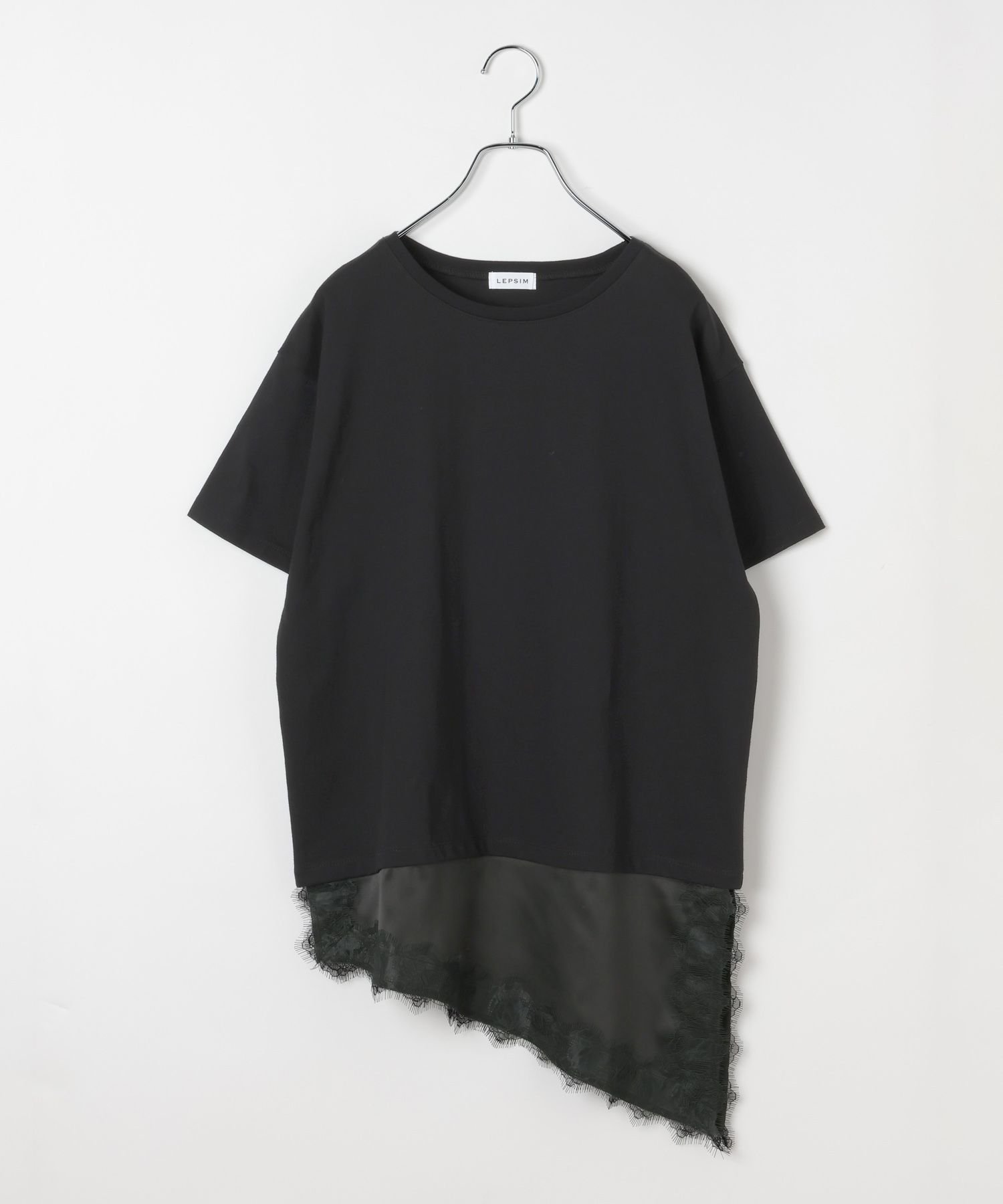 【レプシィム ローリーズファーム/LEPSIM LOWRYS FARM】のサテンレースドッキングT インテリア・キッズ・メンズ・レディースファッション・服の通販 founy(ファウニー) 　ファッション　Fashion　レディースファッション　Fashion for Women　おすすめ　Recommended / Our Picks　サテン　Satin, Glossy Fabric　シンプル　Simple, Minimal　デニム　Denim, Jeans Material　トレンド　Trend, Trending Now　ドッキング　Docking, Mixed Material　ヘムライン　Hemline, Bottom Cut　レース　Lace, Lace Fabric　ブラック09|ID: prp329100004982364 ipo3291000000037326194