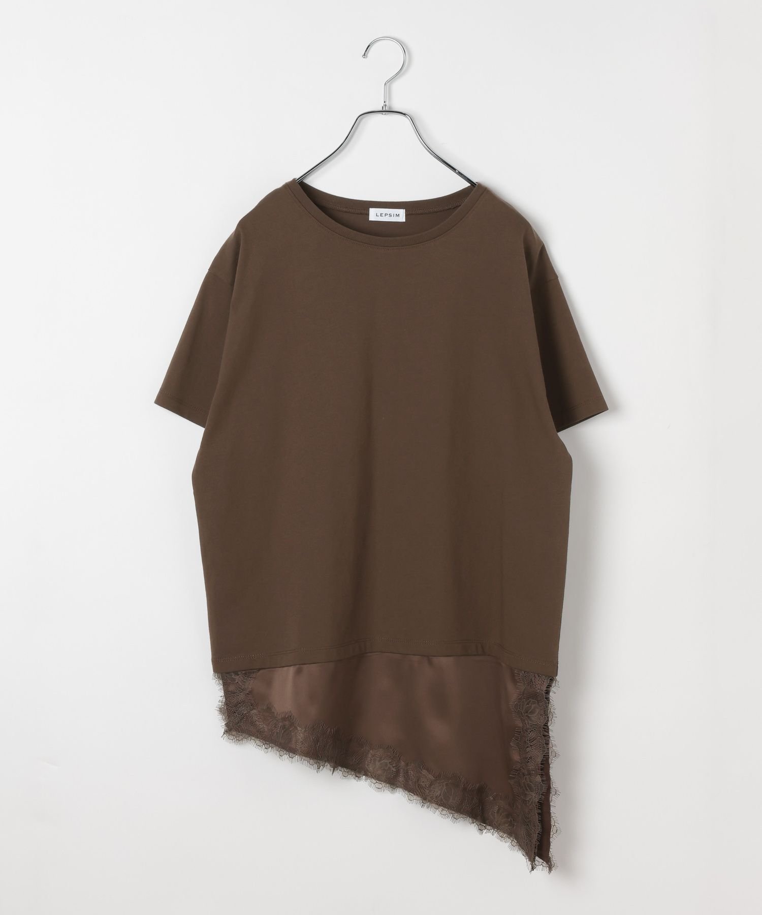 【レプシィム ローリーズファーム/LEPSIM LOWRYS FARM】のサテンレースドッキングT インテリア・キッズ・メンズ・レディースファッション・服の通販 founy(ファウニー) 　ファッション　Fashion　レディースファッション　Fashion for Women　おすすめ　Recommended / Our Picks　サテン　Satin, Glossy Fabric　シンプル　Simple, Minimal　デニム　Denim, Jeans Material　トレンド　Trend, Trending Now　ドッキング　Docking, Mixed Material　ヘムライン　Hemline, Bottom Cut　レース　Lace, Lace Fabric　ブラウン58|ID: prp329100004982364 ipo3291000000037326195