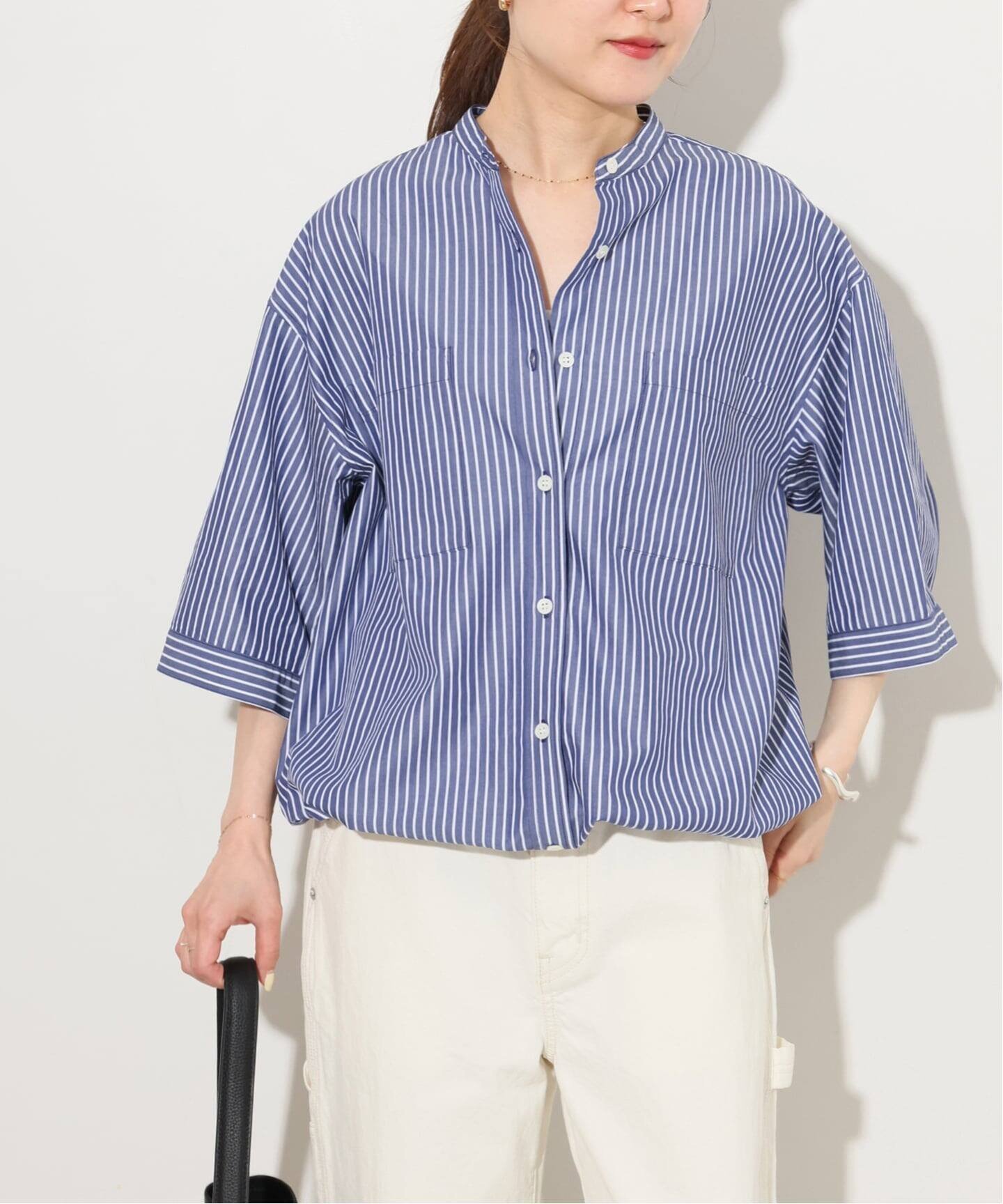 【ジャーナルスタンダード レリューム/JOURNAL STANDARD relume】の《追加 / 新色》ストライプバンドカラードロストシャツ インテリア・キッズ・メンズ・レディースファッション・服の通販 founy(ファウニー) 　ファッション　Fashion　レディースファッション　Fashion for Women　トップス・カットソー　Cut & Sew Tops　シャツ・ブラウス・オフィスカジュアル　Elegant Blouses & Button-Ups　2026年　2026　2026春夏・S/S　Spring/Summer 2026 SS26　ストライプ　Stripe, Striped Pattern　ブラウジング　Blouson Silhouette, Cinched Waist　人気　Popular, Best Seller　羽織　Haori, Light Jacket　ネイビー|ID: prp329100004982369 ipo3291000000037326251
