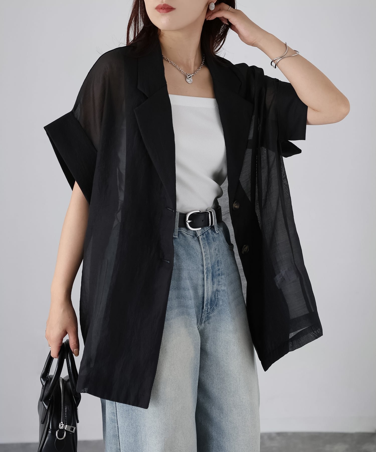 【リベリー/Riberry】のシアー半袖シャツジャケット インテリア・キッズ・メンズ・レディースファッション・服の通販 founy(ファウニー) 　ファッション　Fashion　レディースファッション　Fashion for Women　アウター　Coat / Outerwear Collection　レディースジャケット・軽アウター　Jackets　コンパクト　Compact, Small Size　サマー　Summer, Summer Style　シアー　Sheer, See-Through　シンプル　Simple, Minimal　ジャケット　Jacket, Outerwear　スラックス　Slacks, Dress Pants　タンク　Tank Top, Sleeveless Top　デニム　Denim, Jeans Material　トレンド　Trend, Trending Now　バルーン　Balloon, Balloon Silhouette　フォーマル　Formal, Dressy　ベスト　Vest, Waistcoat　半袖　Short Sleeve, Half Sleeve　リネン　Linen, Linen Fabric　ワンポイント　One Point, Statement Accent　夏　Summer　エレガント 上品　Elegant　セレモニー　Ceremony　ブラック|ID: prp329100004982373 ipo3291000000037326292