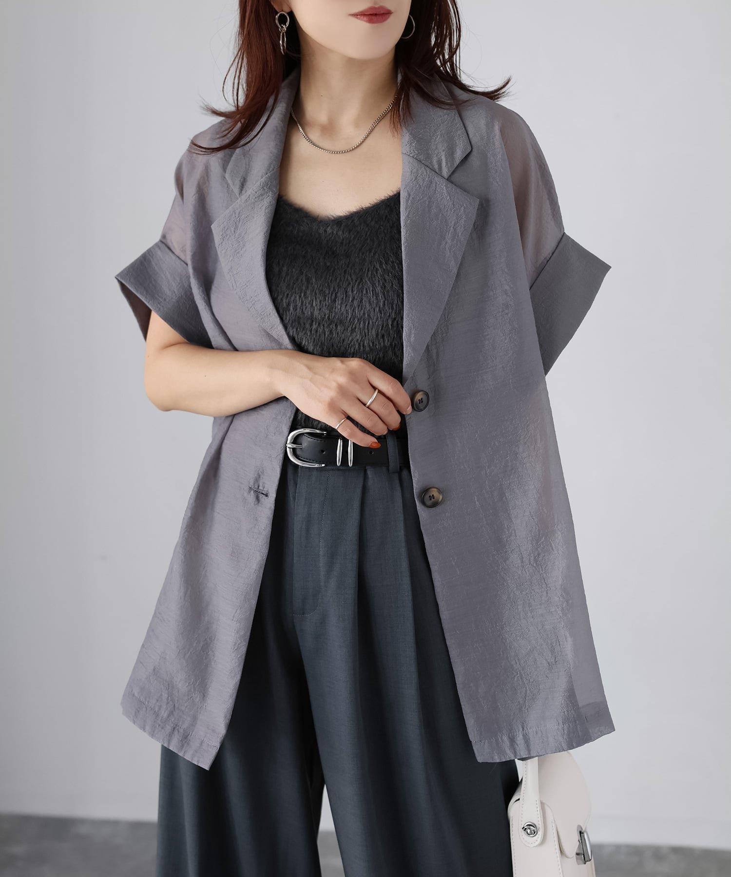 【リベリー/Riberry】のシアー半袖シャツジャケット インテリア・キッズ・メンズ・レディースファッション・服の通販 founy(ファウニー) 　ファッション　Fashion　レディースファッション　Fashion for Women　アウター　Coat / Outerwear Collection　レディースジャケット・軽アウター　Jackets　コンパクト　Compact, Small Size　サマー　Summer, Summer Style　シアー　Sheer, See-Through　シンプル　Simple, Minimal　ジャケット　Jacket, Outerwear　スラックス　Slacks, Dress Pants　タンク　Tank Top, Sleeveless Top　デニム　Denim, Jeans Material　トレンド　Trend, Trending Now　バルーン　Balloon, Balloon Silhouette　フォーマル　Formal, Dressy　ベスト　Vest, Waistcoat　半袖　Short Sleeve, Half Sleeve　リネン　Linen, Linen Fabric　ワンポイント　One Point, Statement Accent　夏　Summer　エレガント 上品　Elegant　セレモニー　Ceremony　グレー|ID: prp329100004982373 ipo3291000000037326294