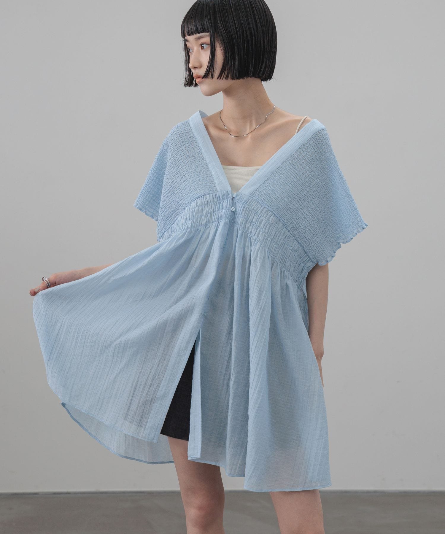 【ローリーズファーム/LOWRYS FARM】のシャーリングチュニックフレンチスリーブ インテリア・キッズ・メンズ・レディースファッション・服の通販 founy(ファウニー) 　ファッション　Fashion　レディースファッション　Fashion for Women　トップス・カットソー　Cut & Sew Tops　おすすめ　Recommended / Our Picks　シアー　Sheer, See-Through　シャーリング　Shirring, Ruched　チェック　Check, Plaid, Tartan　チュニック　Tunic, Long Top　デニム　Denim, Jeans Material　夏　Summer　NEWブルー82|ID: prp329100004982375 ipo3291000000037326325