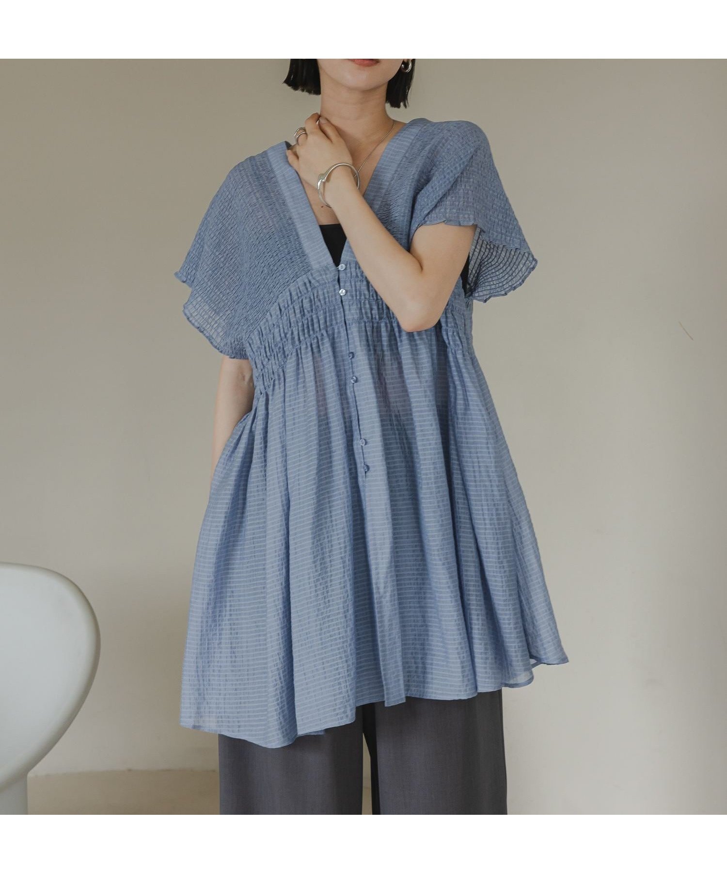 【ローリーズファーム/LOWRYS FARM】のシャーリングチュニックフレンチスリーブ インテリア・キッズ・メンズ・レディースファッション・服の通販 founy(ファウニー) 　ファッション　Fashion　レディースファッション　Fashion for Women　トップス・カットソー　Cut & Sew Tops　おすすめ　Recommended / Our Picks　シアー　Sheer, See-Through　シャーリング　Shirring, Ruched　チェック　Check, Plaid, Tartan　チュニック　Tunic, Long Top　デニム　Denim, Jeans Material　夏　Summer　ブルー|ID: prp329100004982375 ipo3291000000037326326