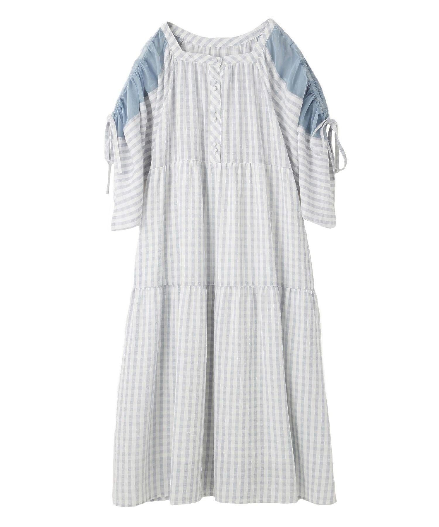 【ミルクフェド/MILKFED.】のSHOULDER MESH GINGHAM CHECK DRESS インテリア・キッズ・メンズ・レディースファッション・服の通販 founy(ファウニー) 　ファッション　Fashion　レディースファッション　Fashion for Women　ワンピース　Dresses　フォーマル・パーティードレス・結婚式用ドレス　Elegant & Casual Dresses　ギンガム　Gingham, Gingham Fabric　チェック　Check, Plaid, Tartan　チュール　Tulip, Tulip Motif　デニム　Denim, Jeans Material　バランス　Balance, Style Balance　おすすめ　Recommended / Our Picks　LtBLUE|ID: prp329100004982444 ipo3291000000037326650